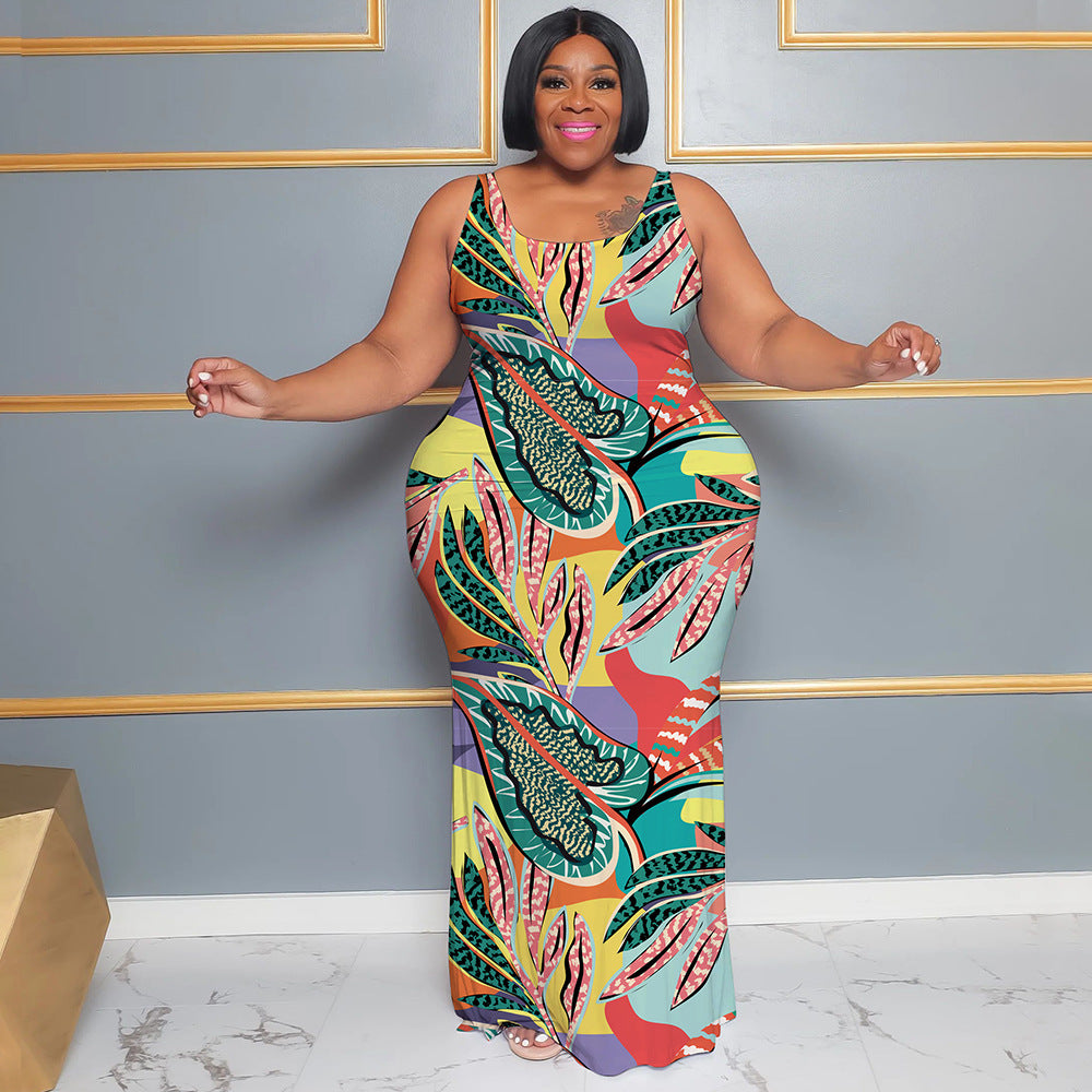 Plus Size Women's Summer Casual Sleeveless Digital Print Long Dress