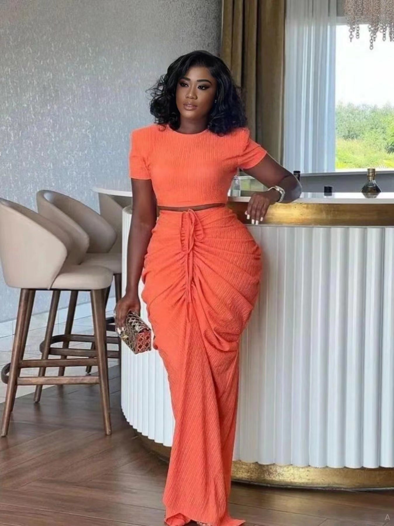 Women sexy pleated short-sleeved top and Drawstring Pleated Skirt Two-piece Set 5