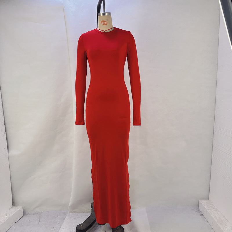 Women Solid Long Sleeve Bodycon Slit Dress 13