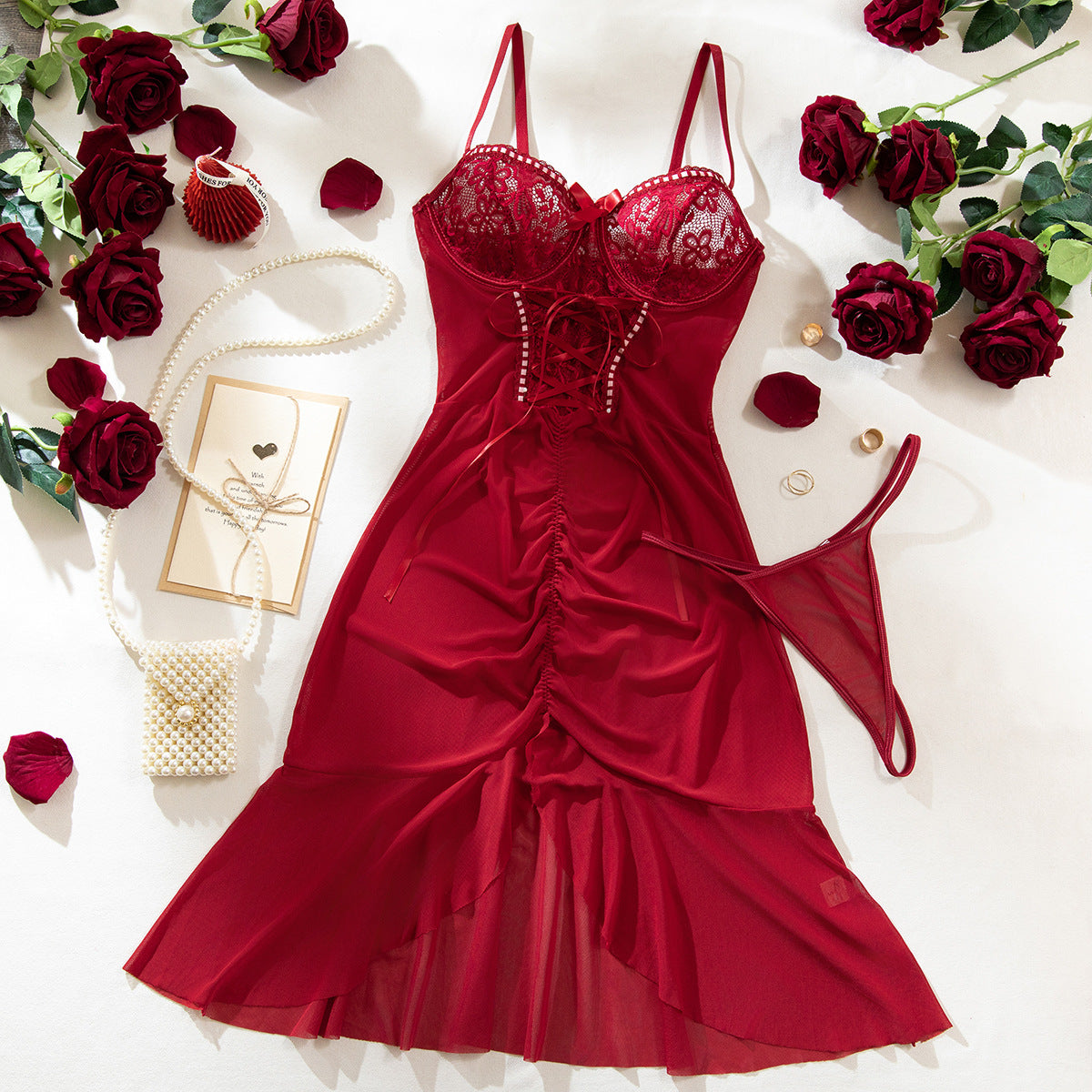 Women lace see-through mesh dress thong Sexy lingerie set 13