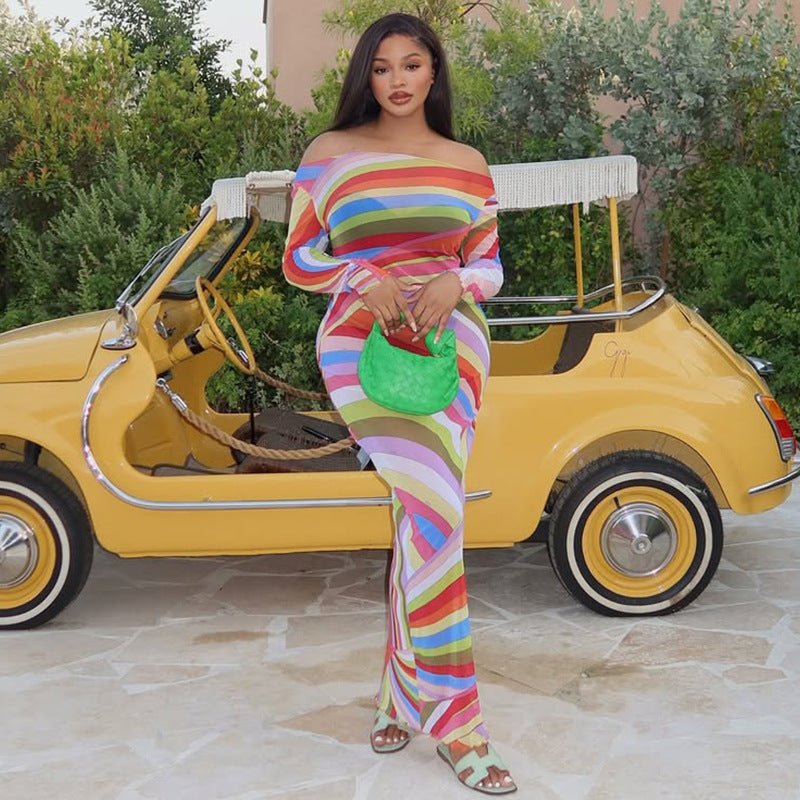 Chic Women's Color-Block Off Shoulder Elegant Long Dress