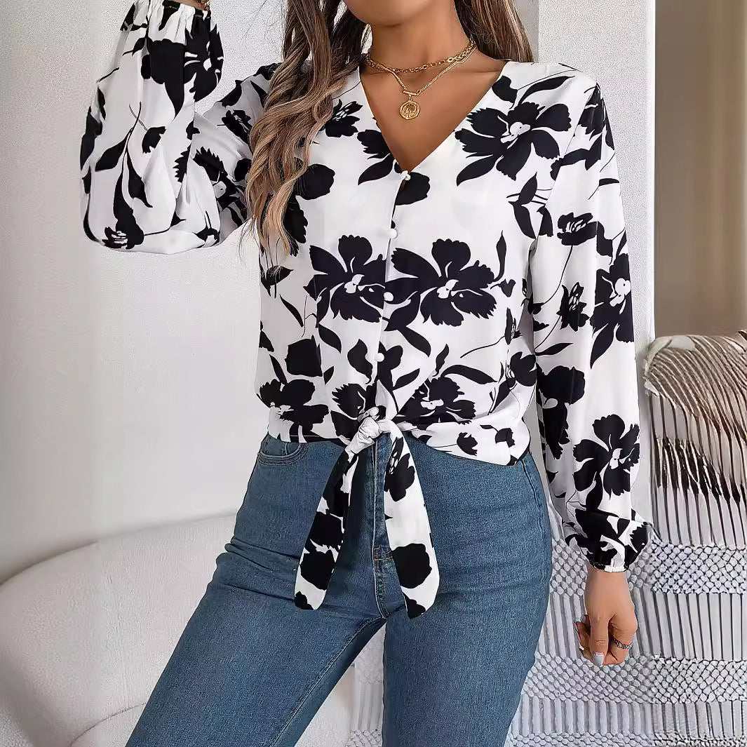 Autumn Winter Casual Contrast Flower Lantern Sleeve Tie Women's Chiffon Top 7
