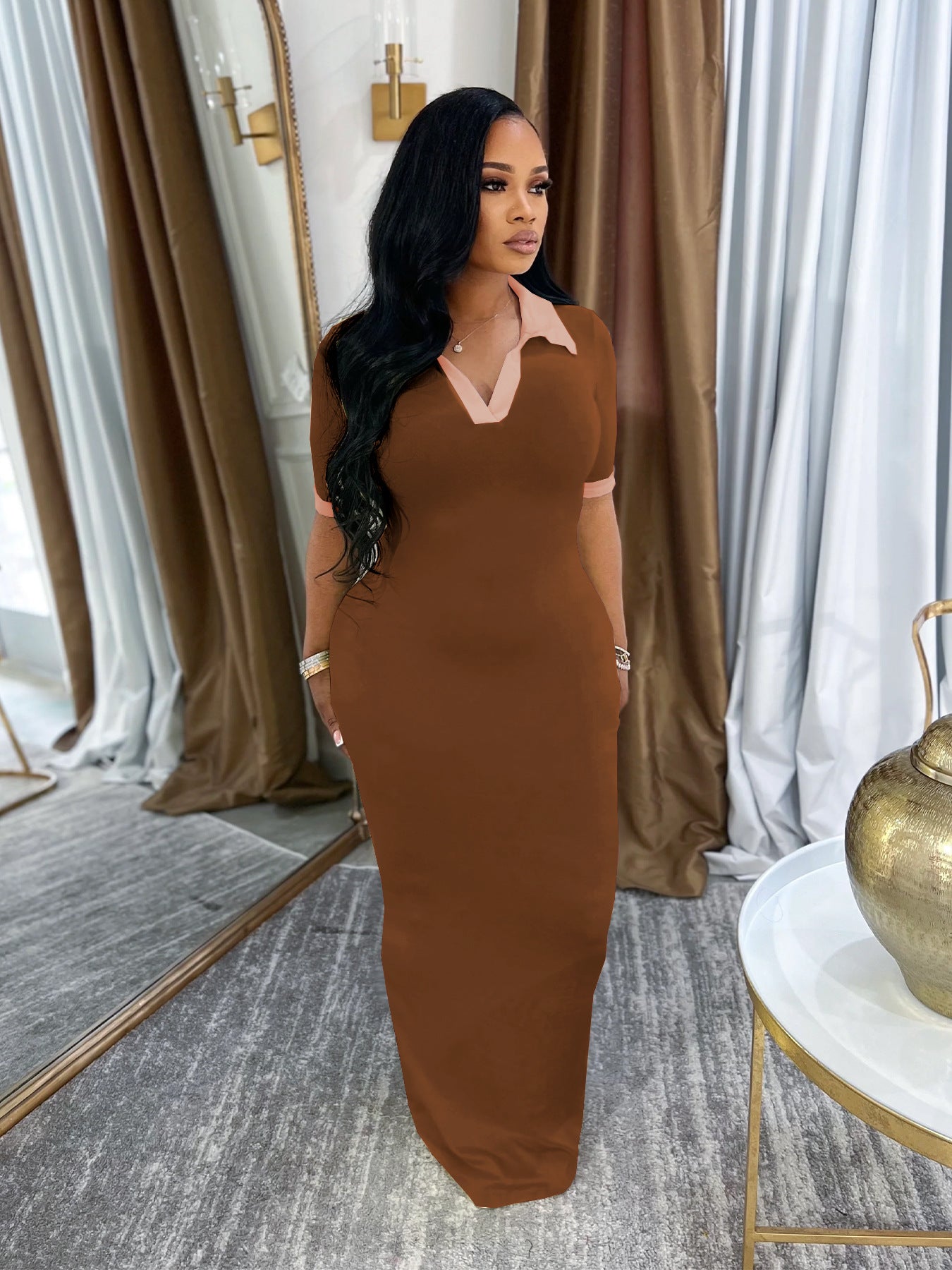 Female Turndown Collar Short Sleeve Slim Fit Long Dress 7