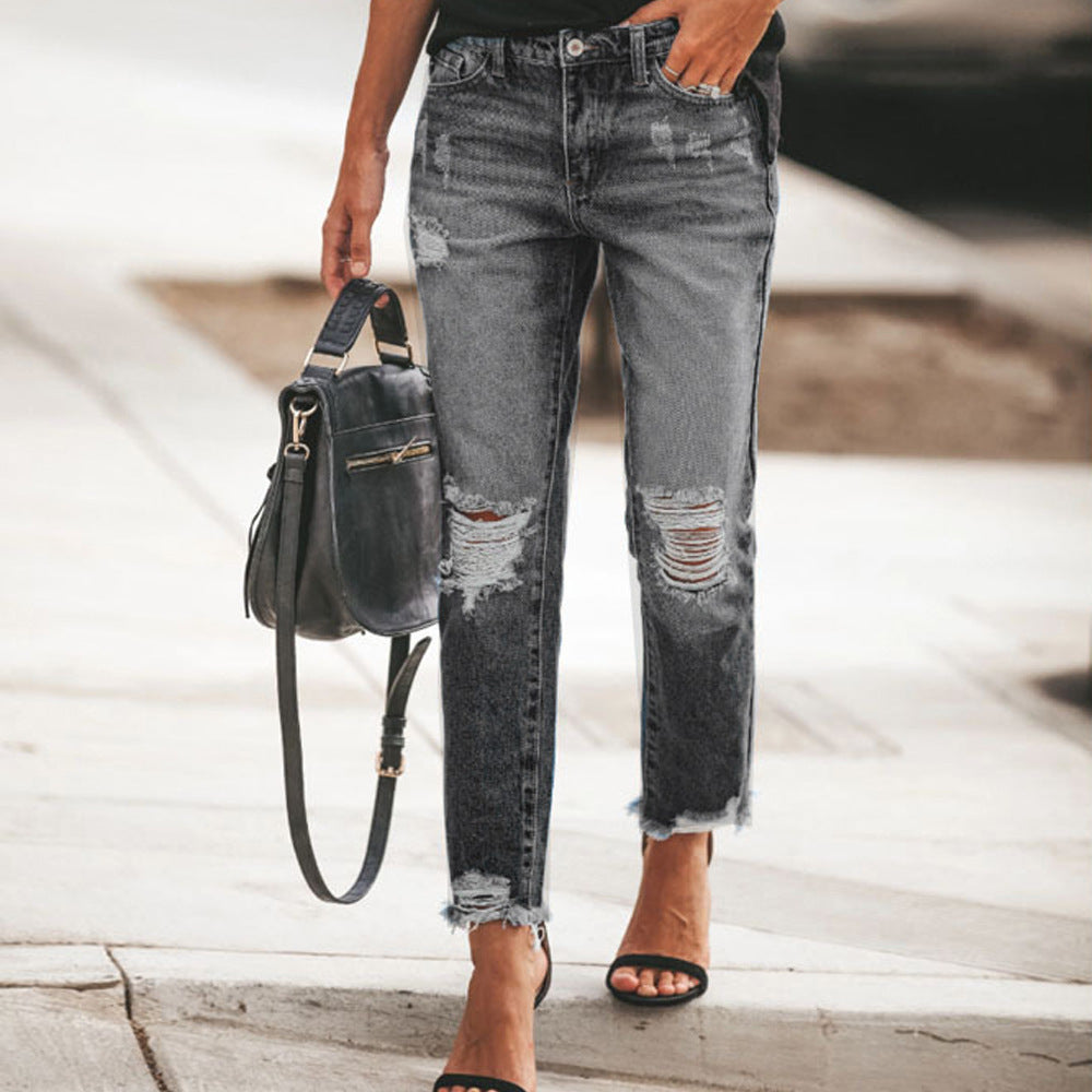 Women Ripped non-elastic Denim Pants
