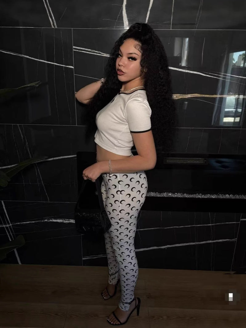 Women Trendy Printed Stretchy Basic Top and Long Pants Two-Piece Set 5