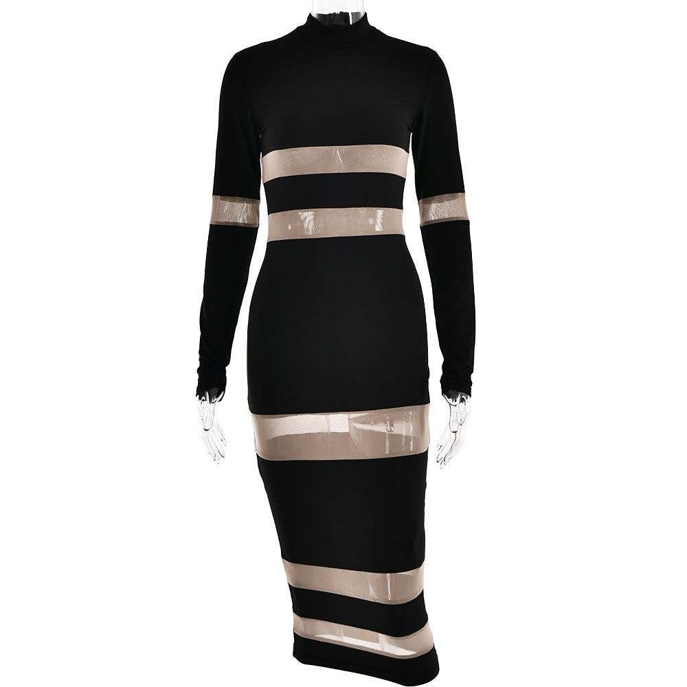Women Round Neck Patchwork See-Through Long Sleeve Dress 7