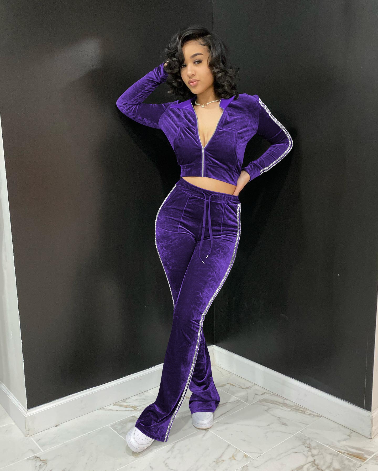 Women's Solid Velvet Casual Zip Top Wide Leg Pants Two Piece Tracksuit 17