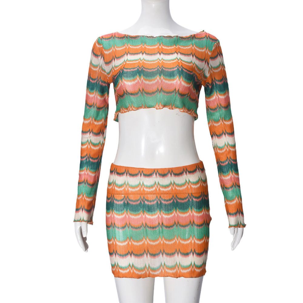 Women's Autumn Winter Sexy Crop Top Yarn-Dyed Multi-Color Skirt Set 8