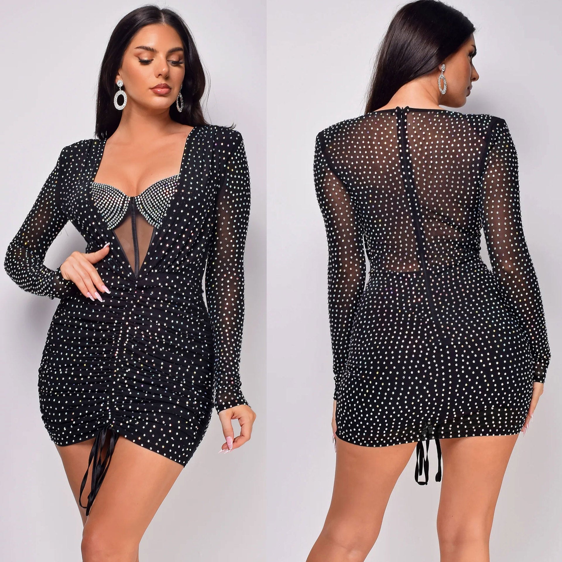 Sexy Beaded Drawstring See-Through Bodycon Dress 3