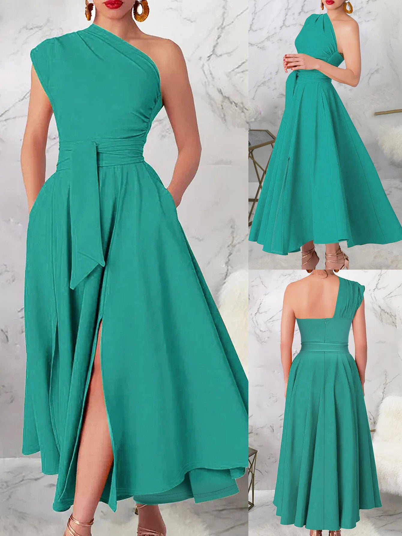 Women's Fashion Elegance Slash Shoulder Slit Solid Color Belt Long Dress