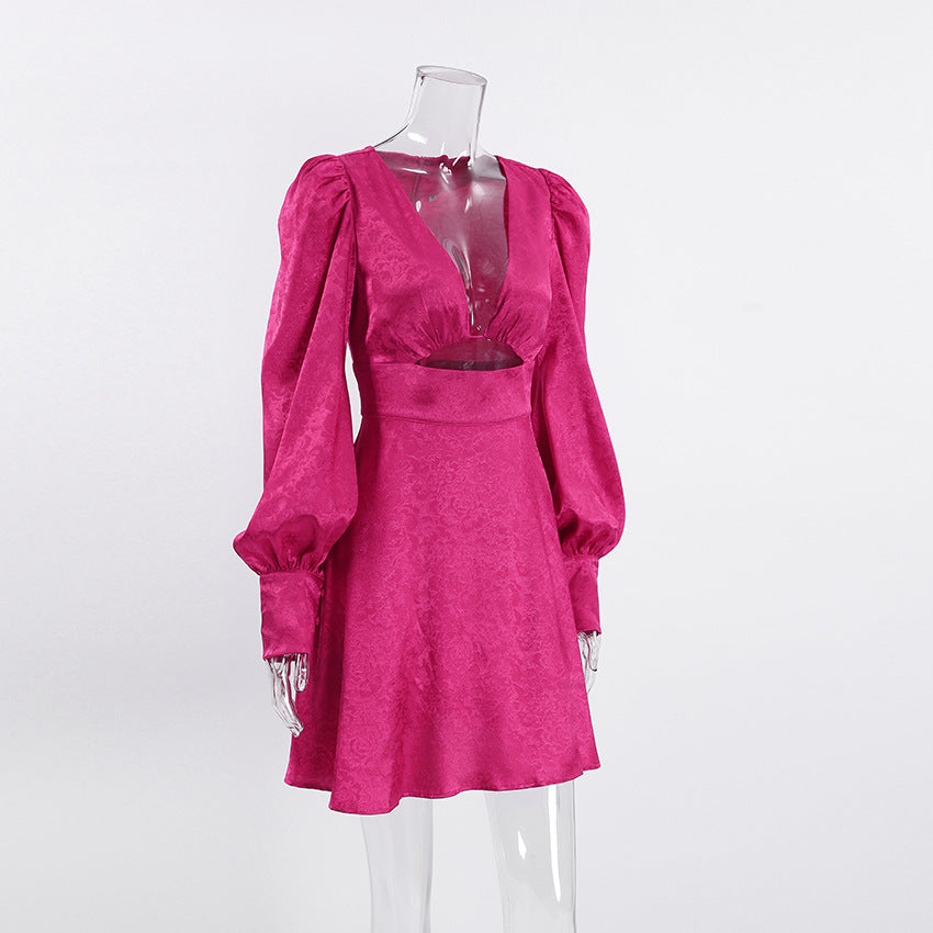 Autumn V-Neck Cut-Out Jacquard Lantern Sleeve Short Dress 9