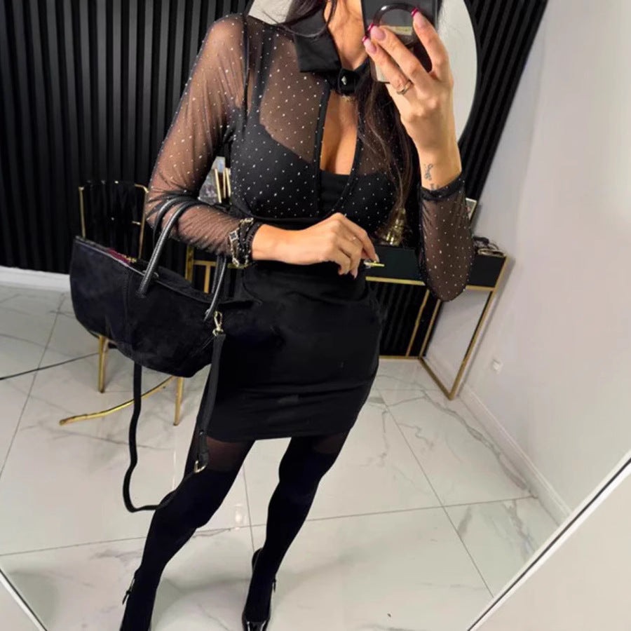 Women Fake Two-Piece Beaded Bodycon Dress