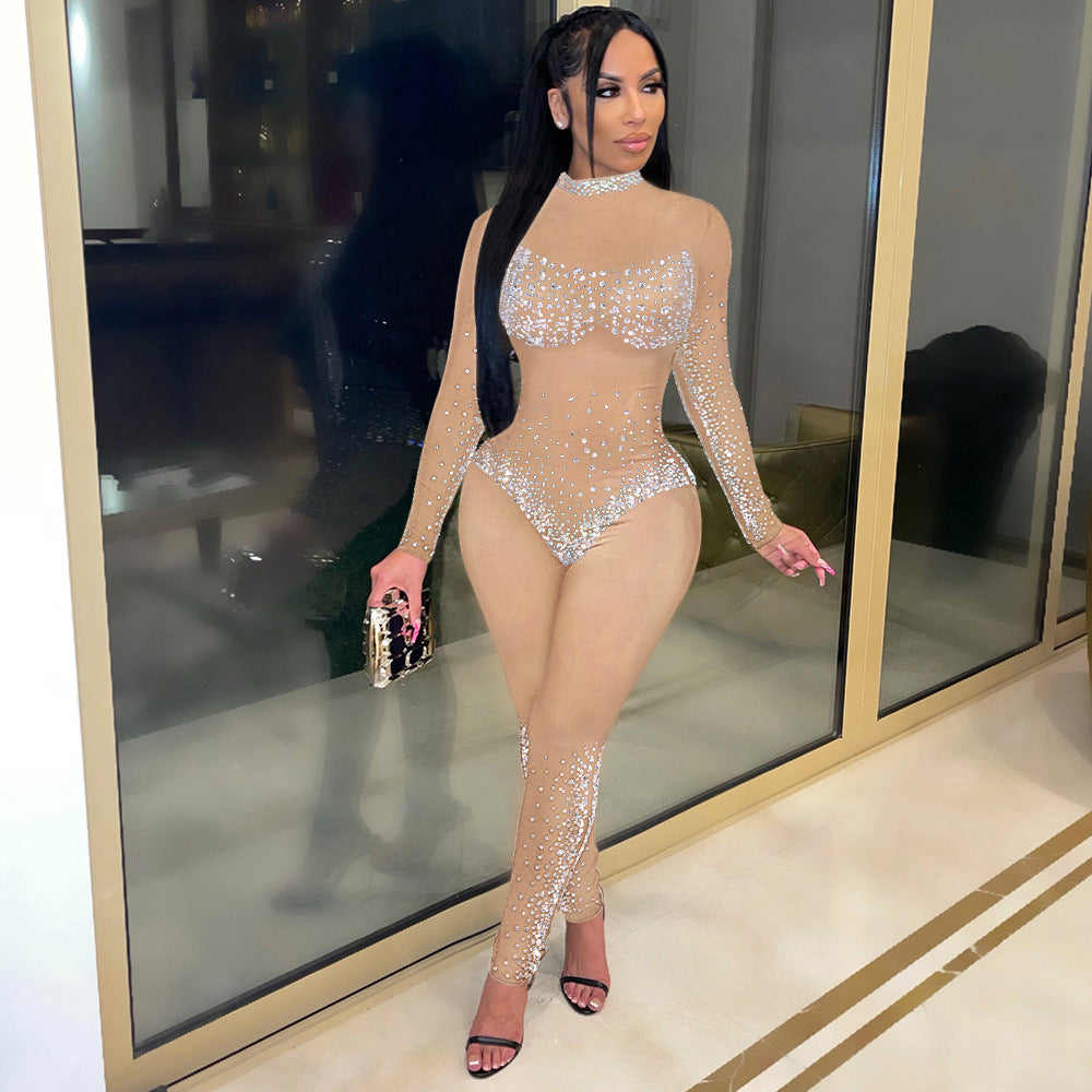 Autumn Black Beading Sexy Mesh Long Sleeve Party Jumpsuit