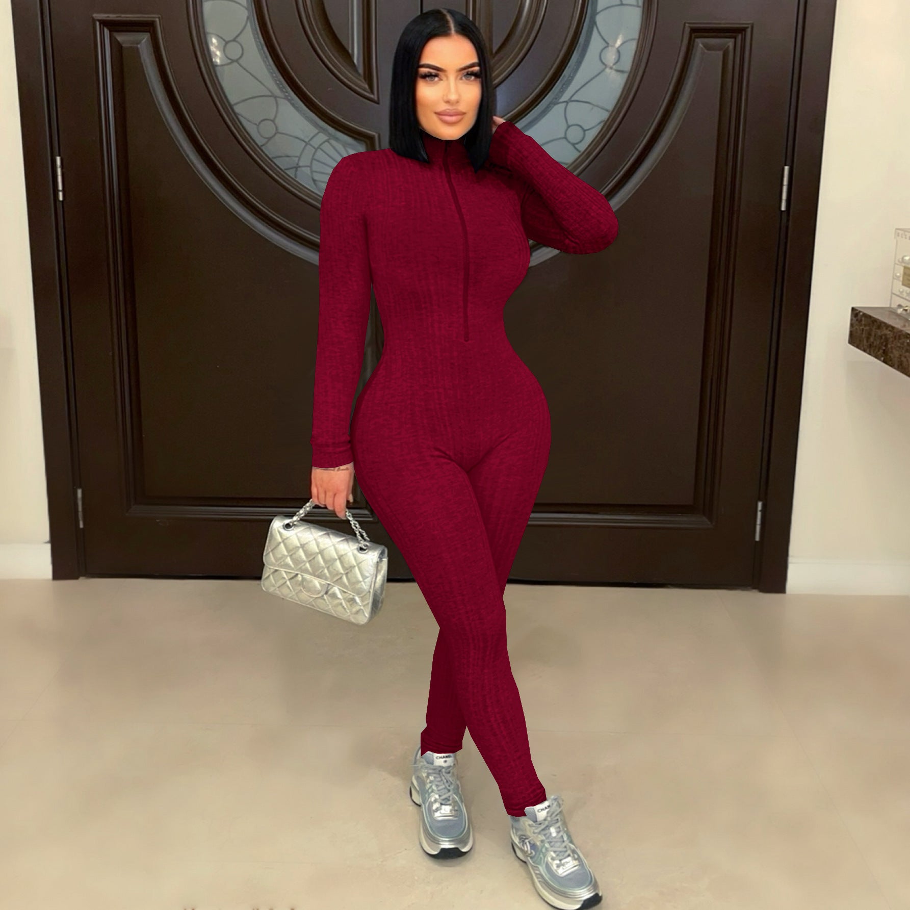 Women's Slim Fit Jumpsuit High Stretch Knitting Long Sleeve Stand Collar Zipper Casual Sporty Romper 10