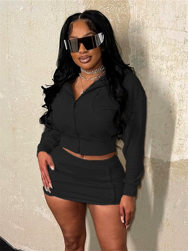Spring Solid Color Casual Zippered Long Sleeve Hoodies slim short Skirt Set 6