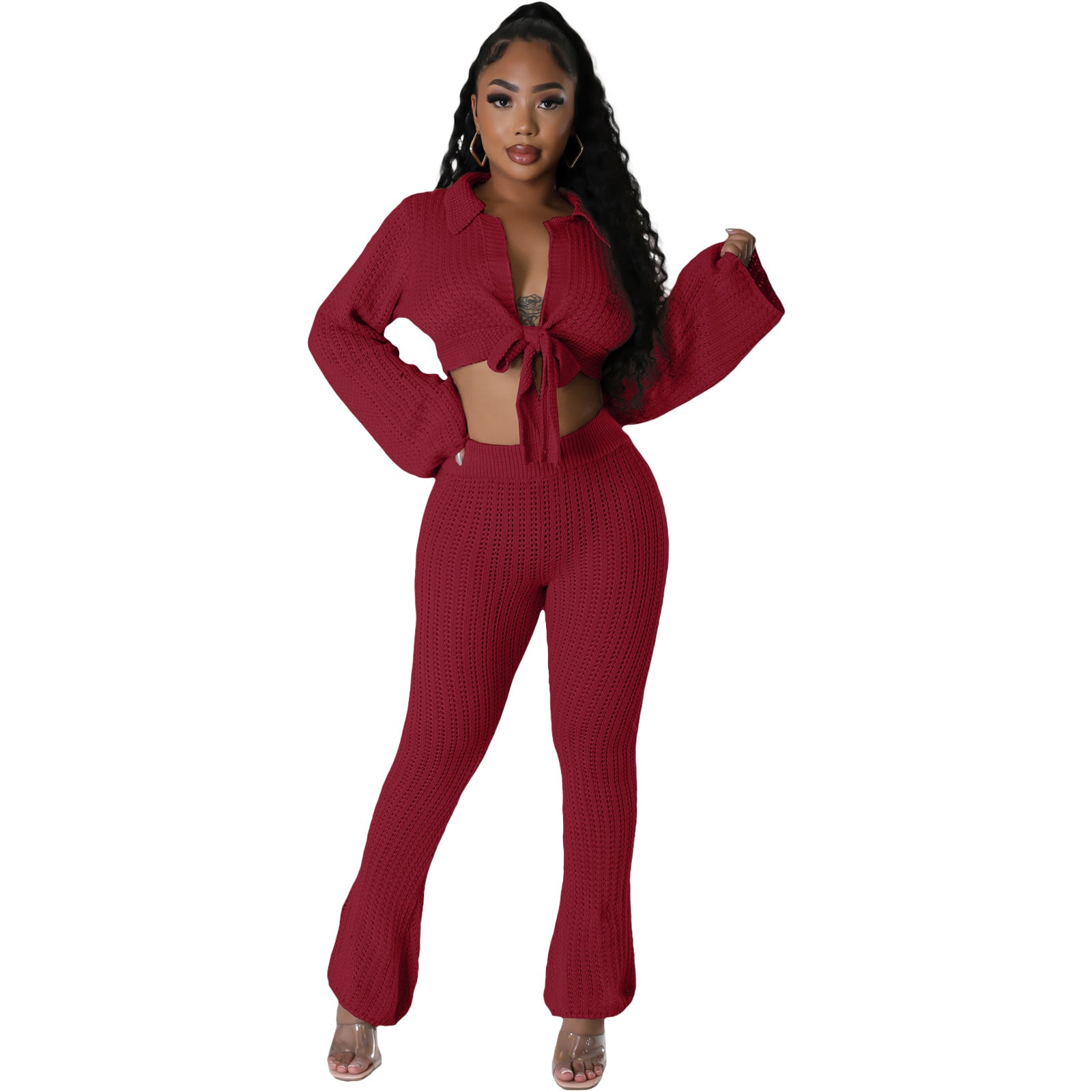 Women's Sexy Solid Color Mesh Knitting Lace-Up Two-Piece Pants Set 9