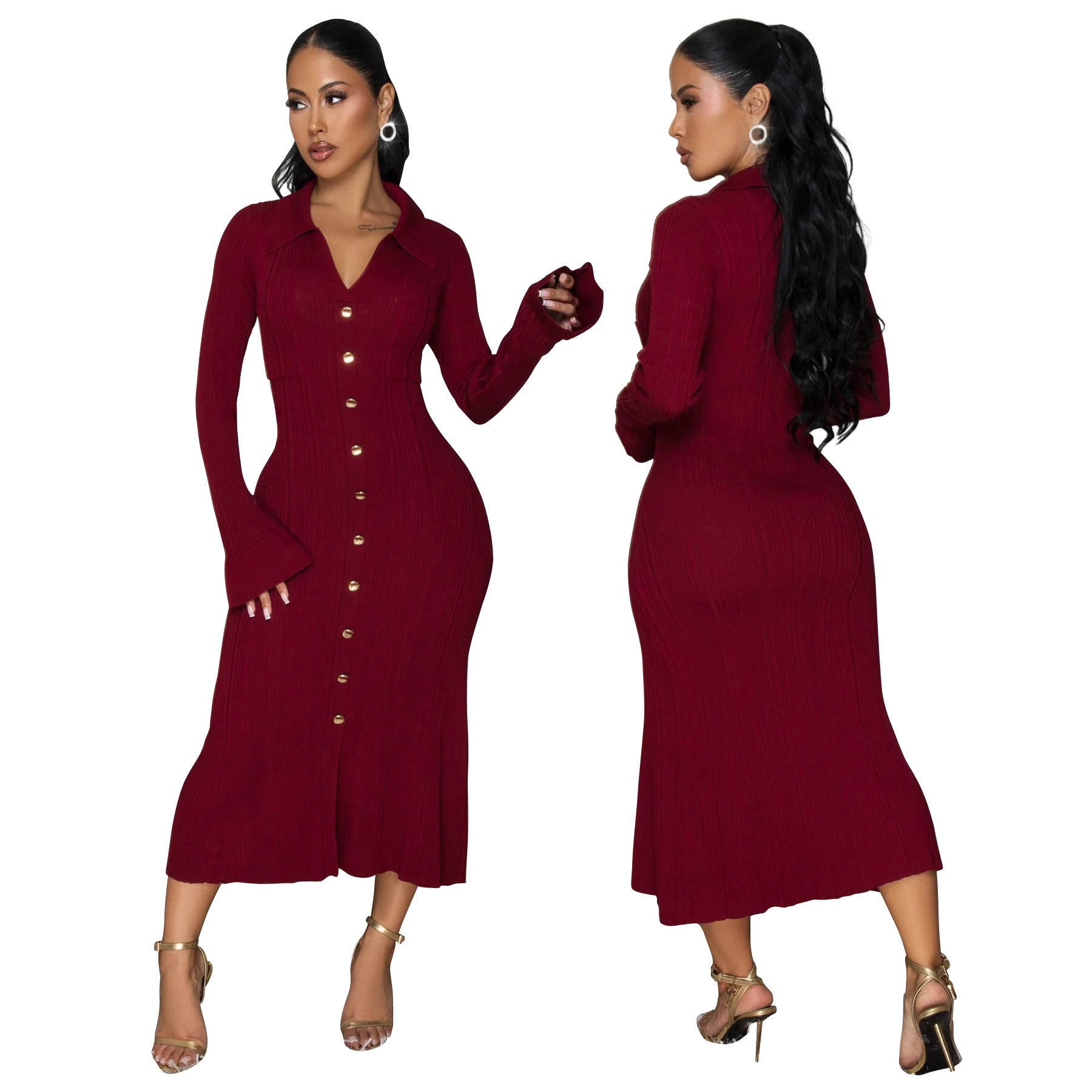 Women's Fashion V-Neck Single Row Buttons Long Sleeve Solid Long Dress 4