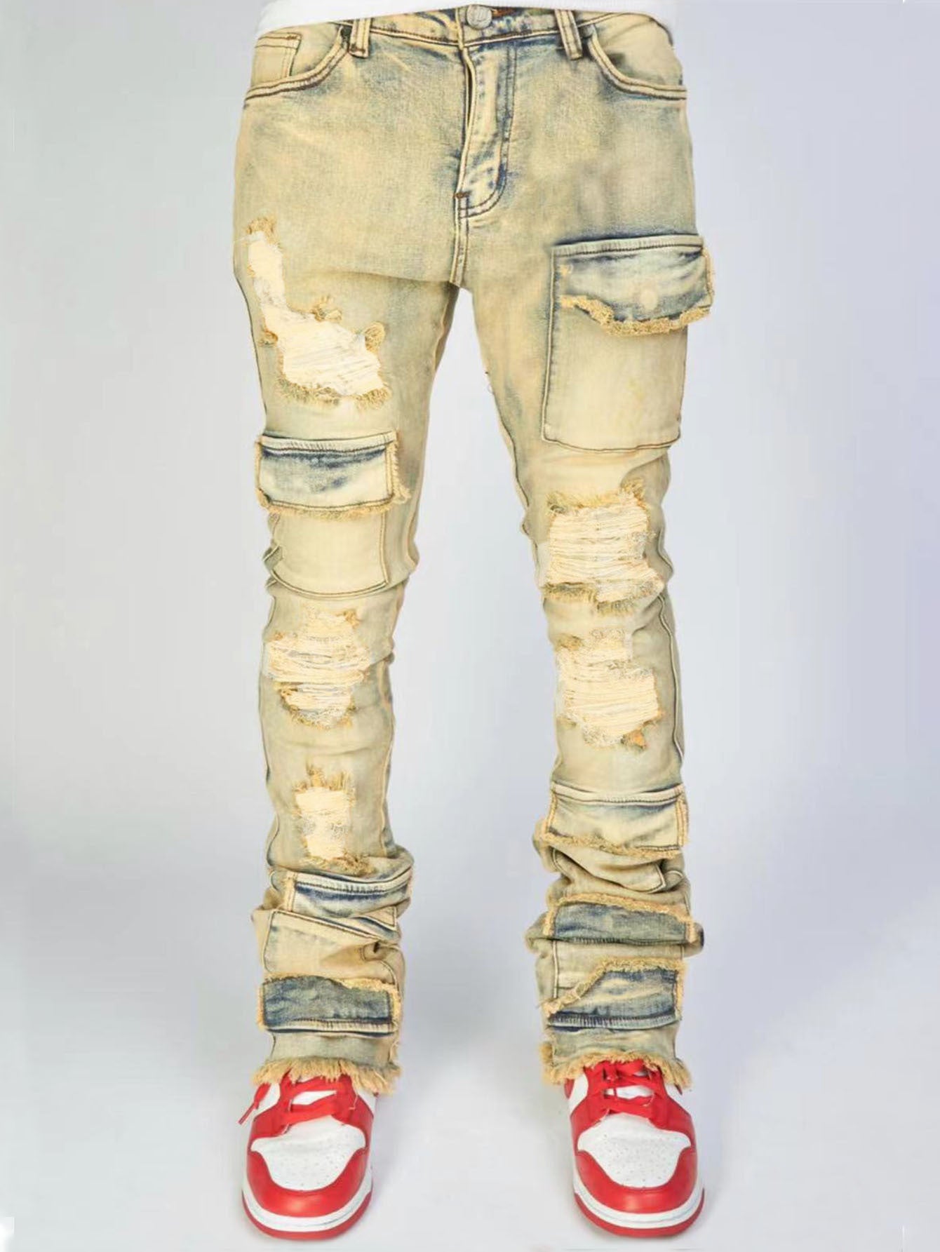 Men's Ripped Denim Cargo Straight Pants 4
