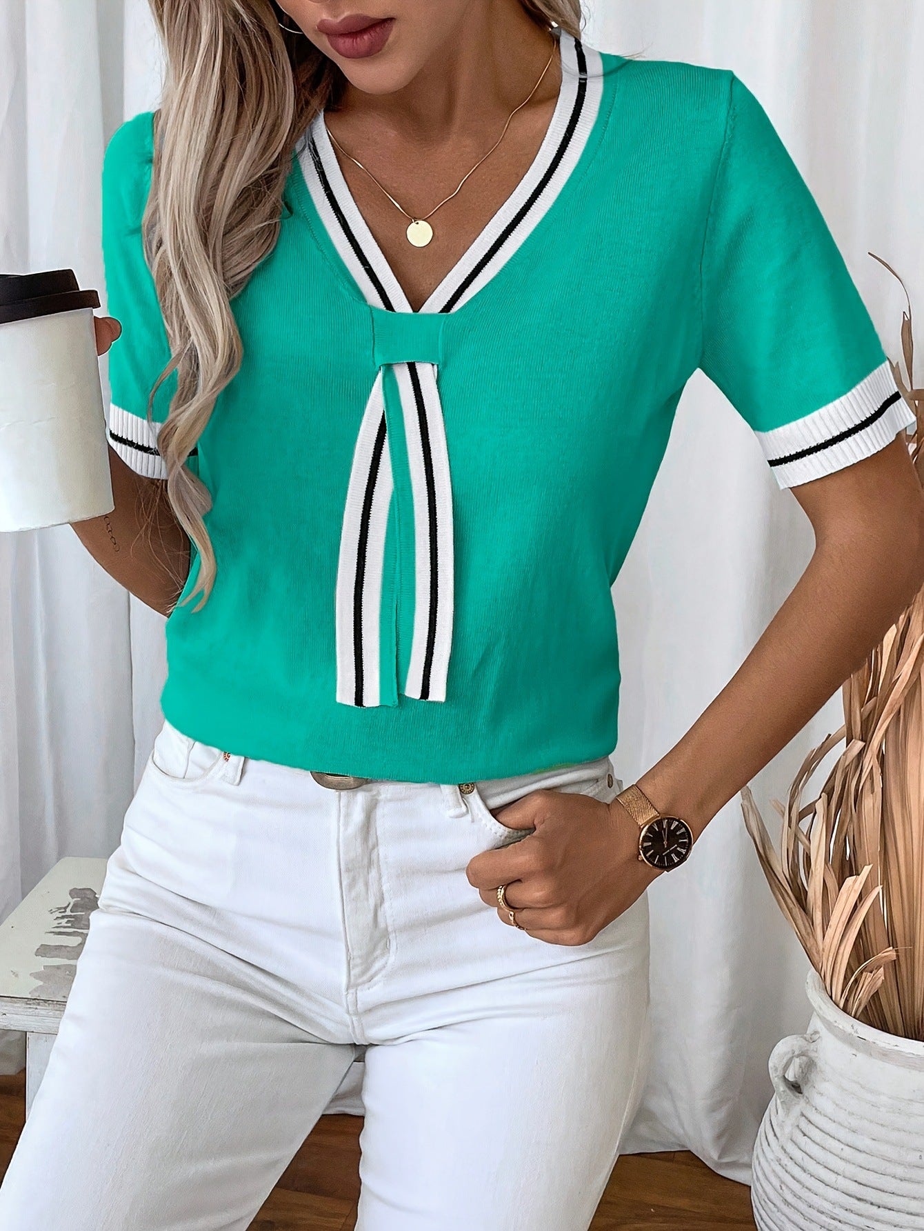 V-Neck Contrast Color Summer Top Casual Knit Sweater 5