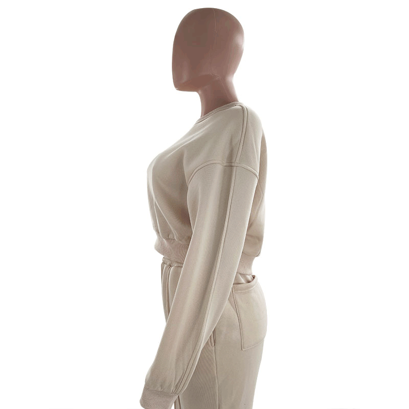 Women's Autumn Round Neck High Waist Hoodies Pocket Loose Sweatpants Suit 17