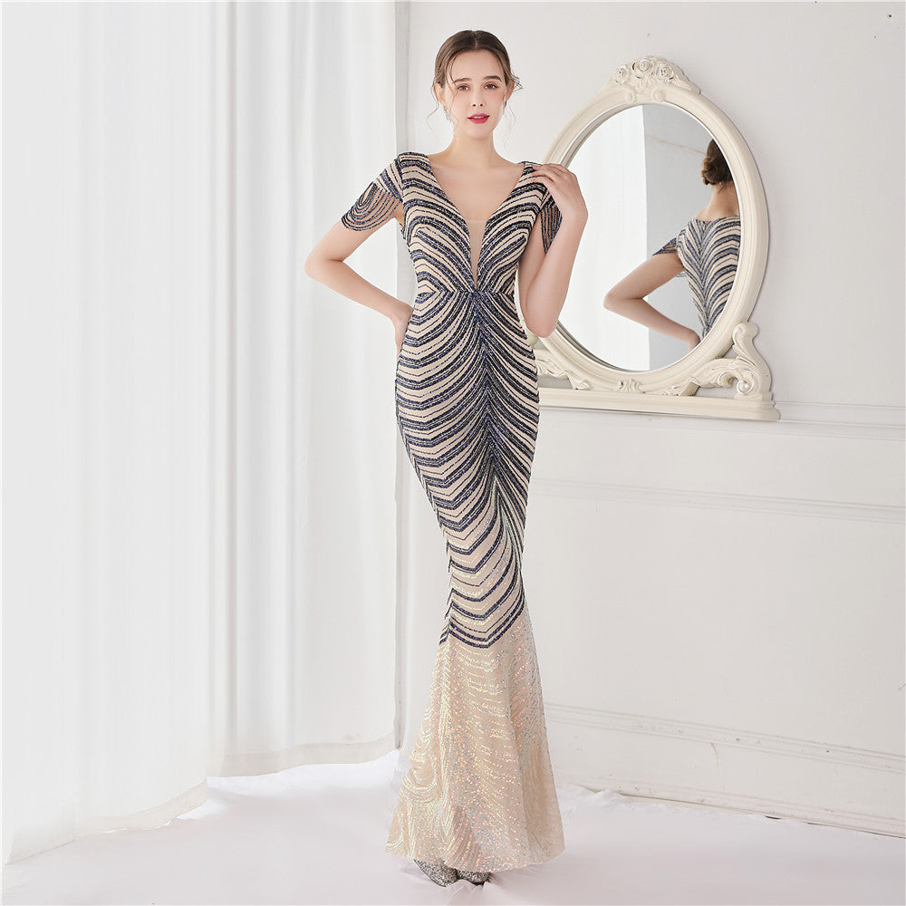 Summer Elegant v Neck Tassels Short Sleeve Sequ Stripe Mermaid Evening Dress 6