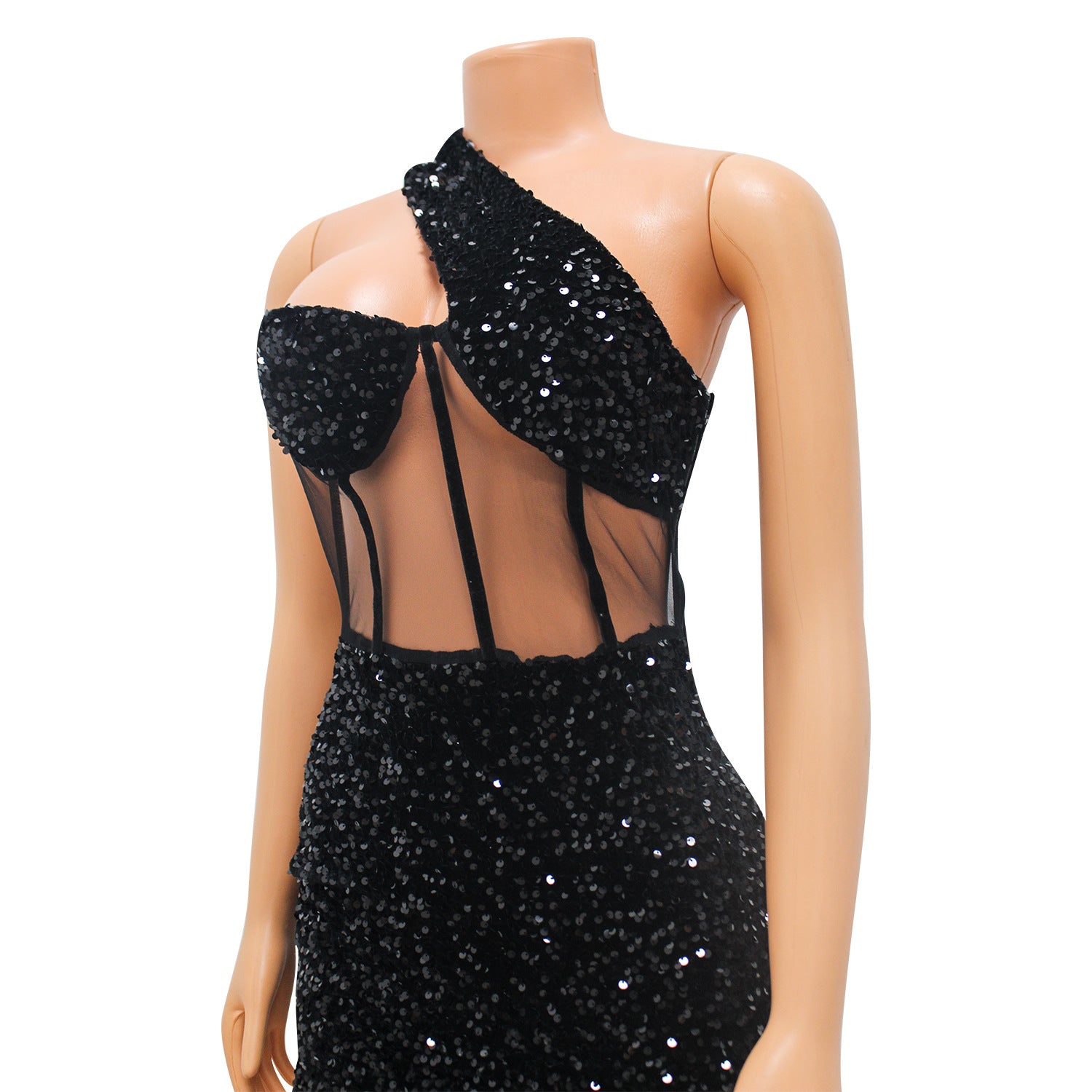 Summer Women's Fashion Sexy Mesh Sequin Slash Shoulder Club Dress 22