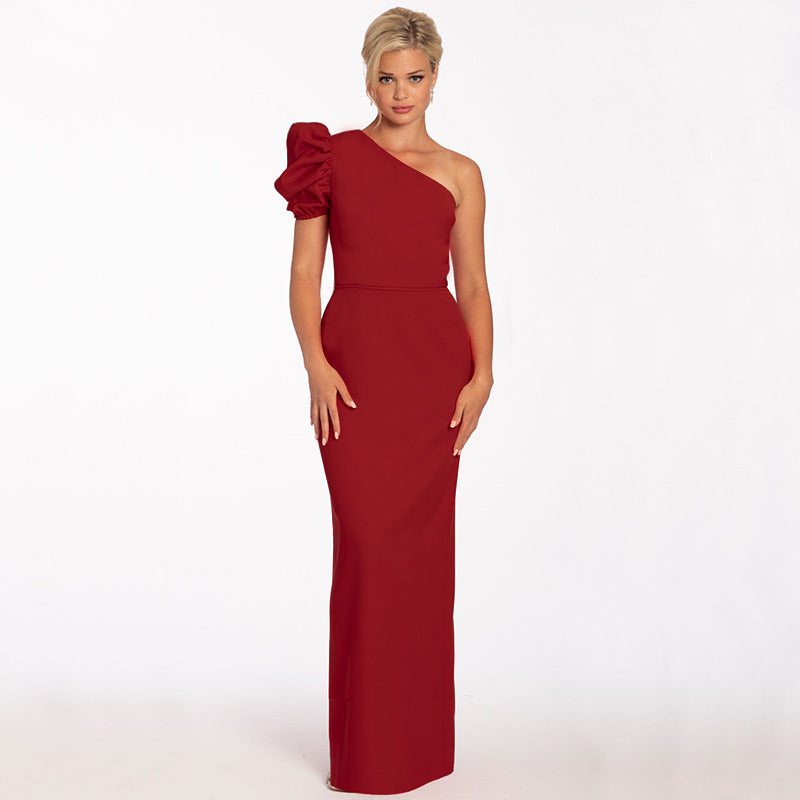 Women's One Shoulder Sexy Chic Balloon Sleeve Dress 6