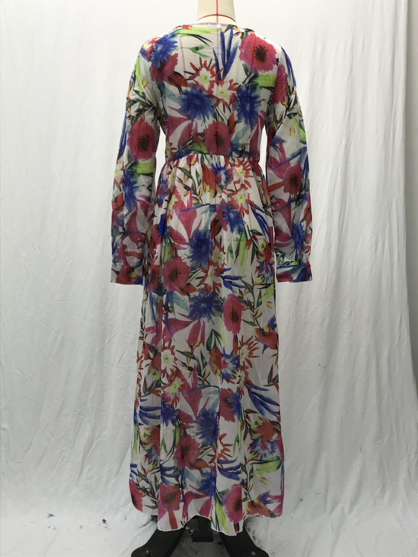 Summer Lantern Sleeve Sexy Deep V Neck Leaf Print Long Dress 16