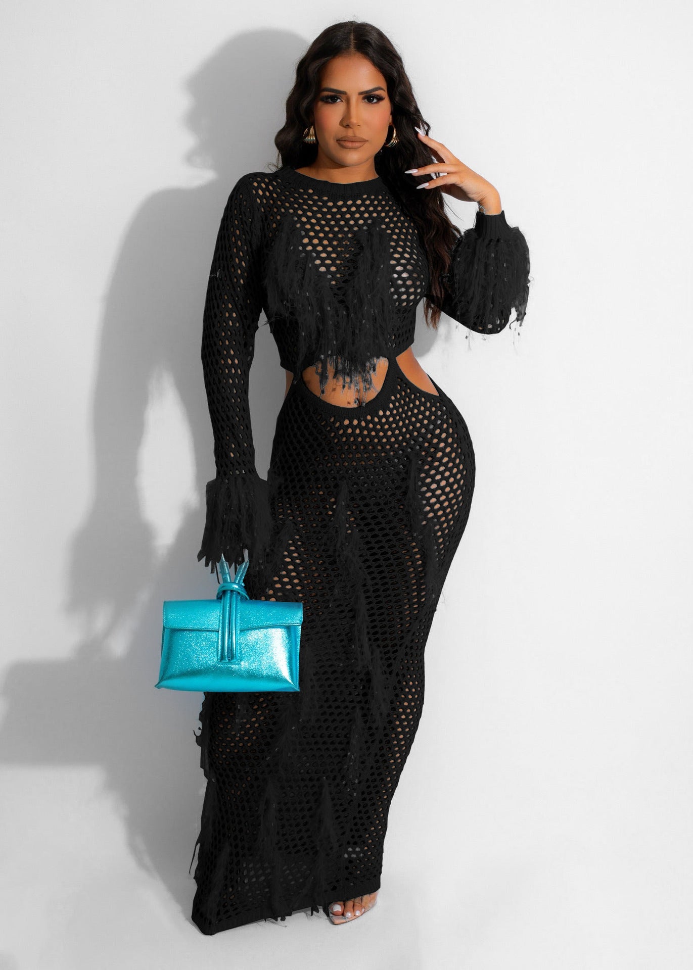 Women's Tassel Knitting Casual Hollow Sequin Beach Long Dress 4