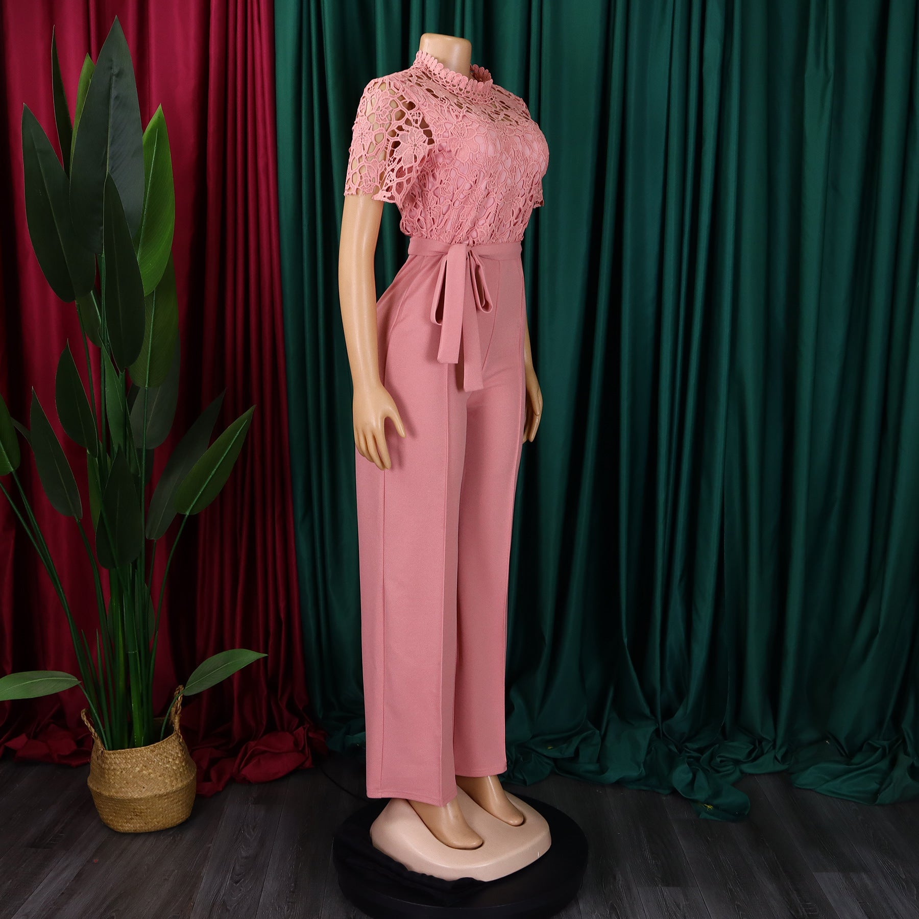 Women's Sexy Lace Hollow Short Sleeve Belt High Waist Wide Leg Jumpsuit 12