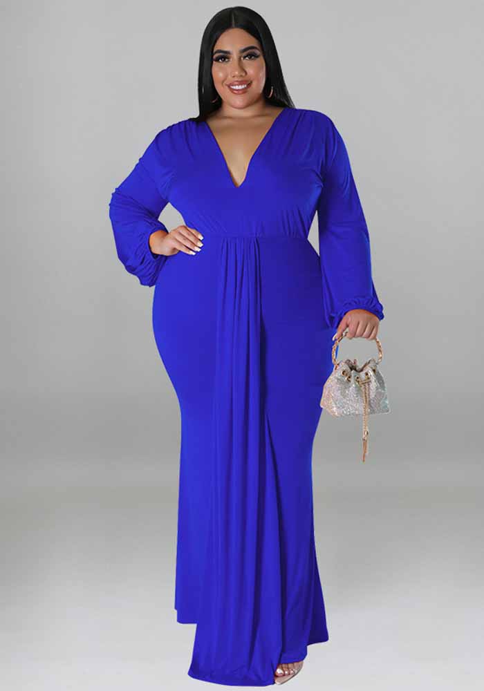 Plus Size Women's Solid Color Sexy Deep V Neck Long Sleeve Pleated Dress
