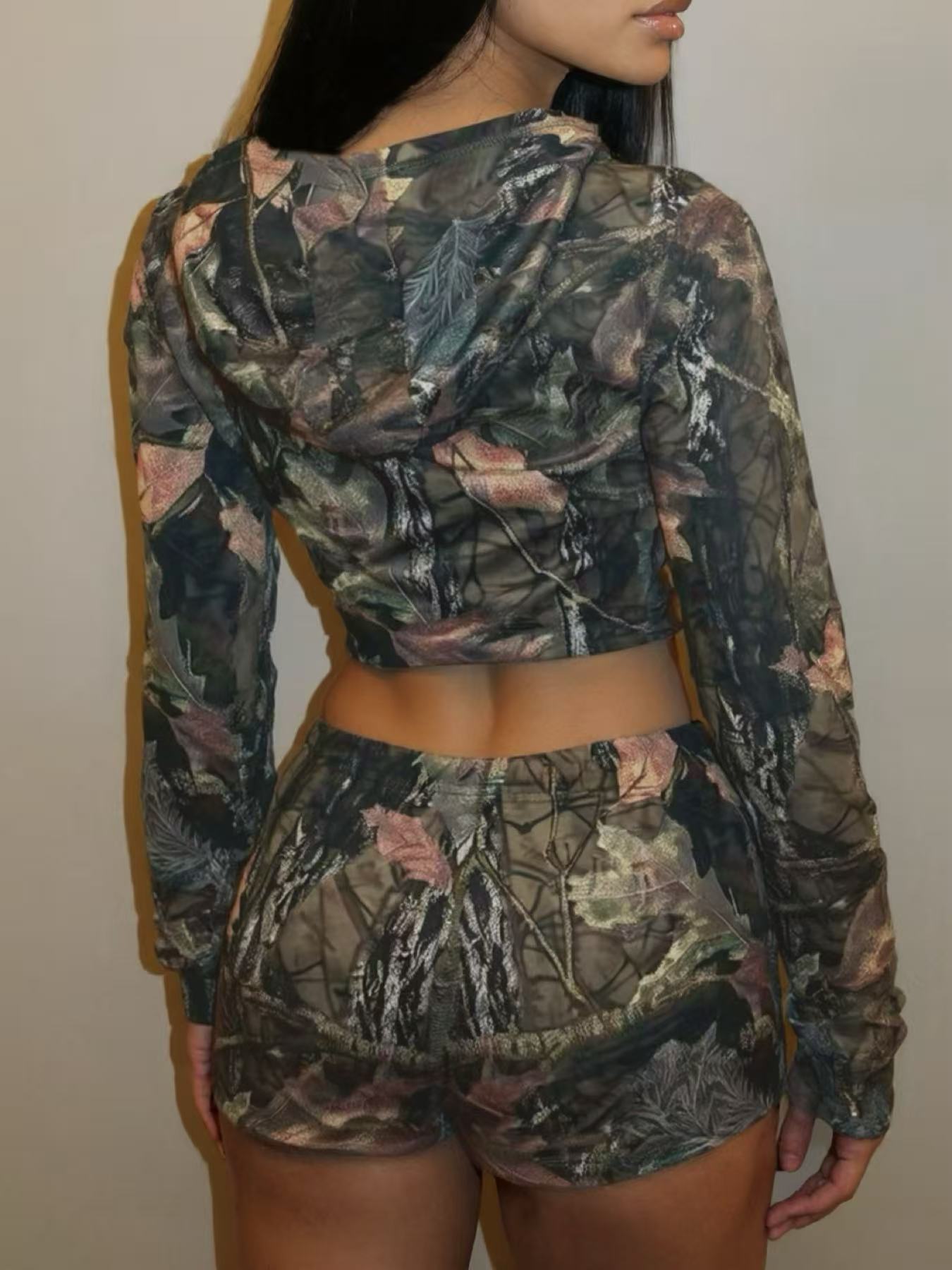 Women Sexy Printed Long-Sleeved Hooded Top and Shorts Two-Piece Set 3