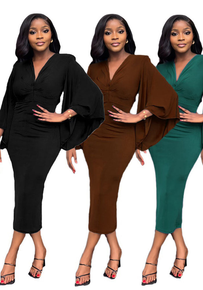 Chic Elegant Bat Sleeves V-Neck Slim Midi Women's Dress