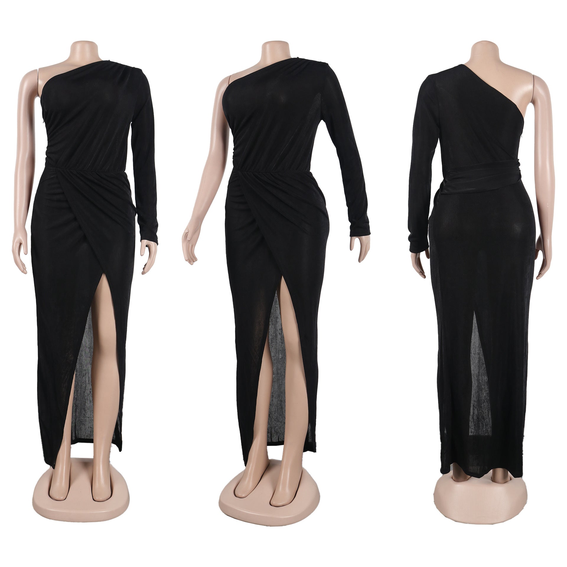 Women Sexy Solid Slit One Shoulder Dress 10