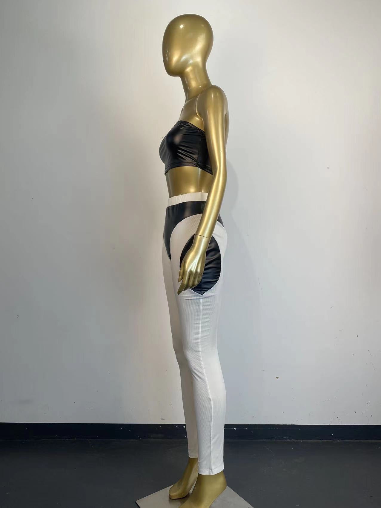 Women Sexy Colorblock Pu Leather Patchwork Strapless Top and Pants Two-Piece Set 8