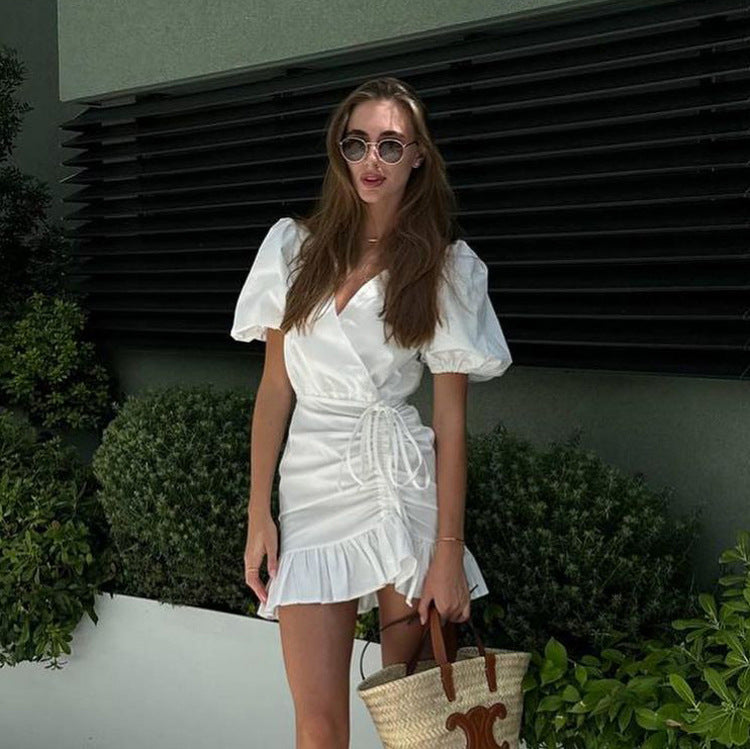 White Ruffled Women's Sexy V-Neck Puff Sleeve Drawstring High Waist Dress