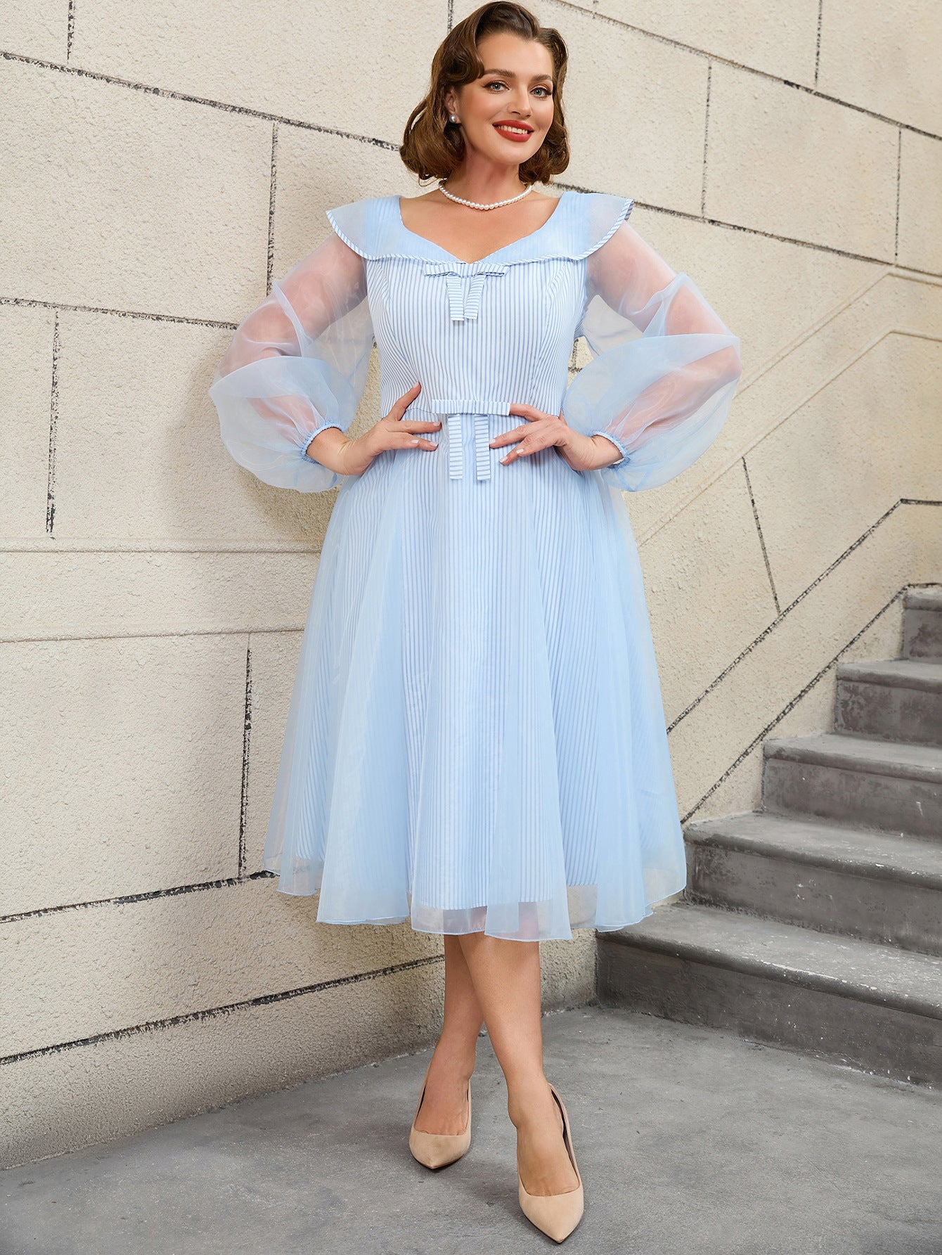 High-Waist Plus Size Women's Contrast Color Woven Striped Bubble Long-Sleeve A-Line Dress