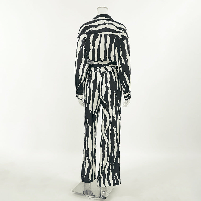 Women autumn and winter striped print long-sleeved top and trousers Two Piece Set 9