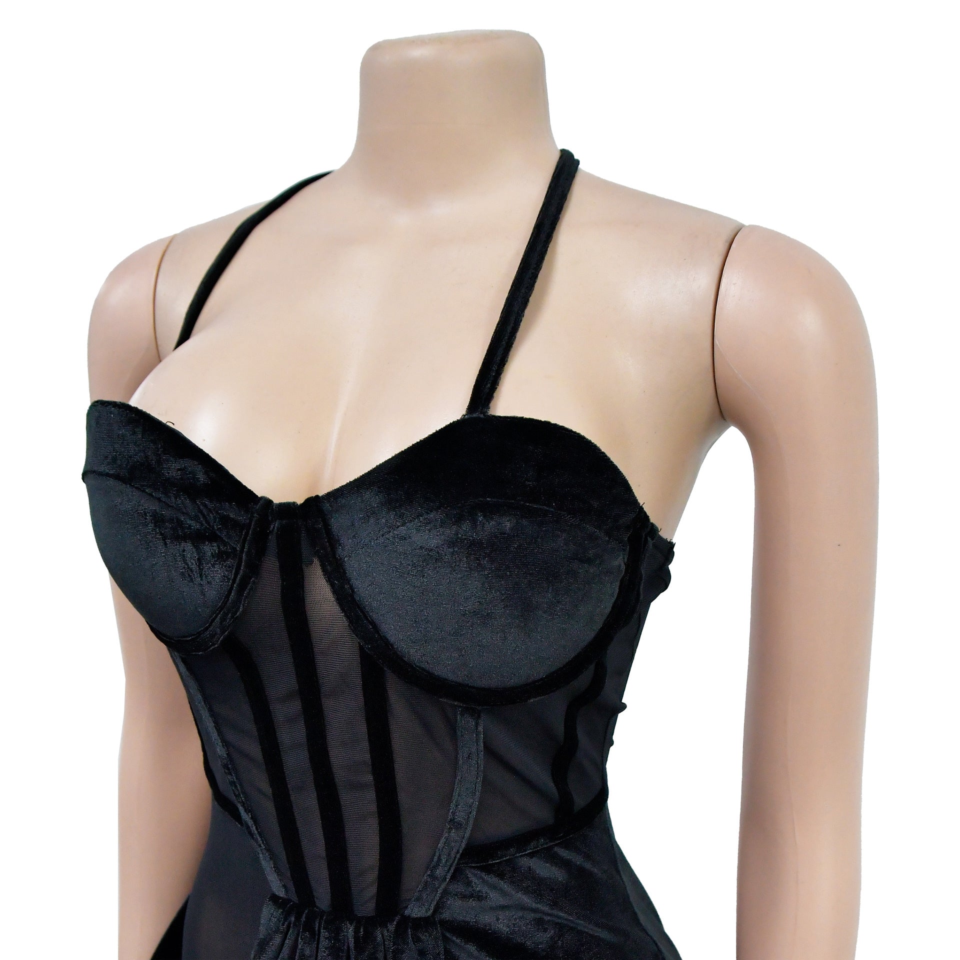 Fashion Women's Solid Color Mesh Straps Slit Long Dress 18