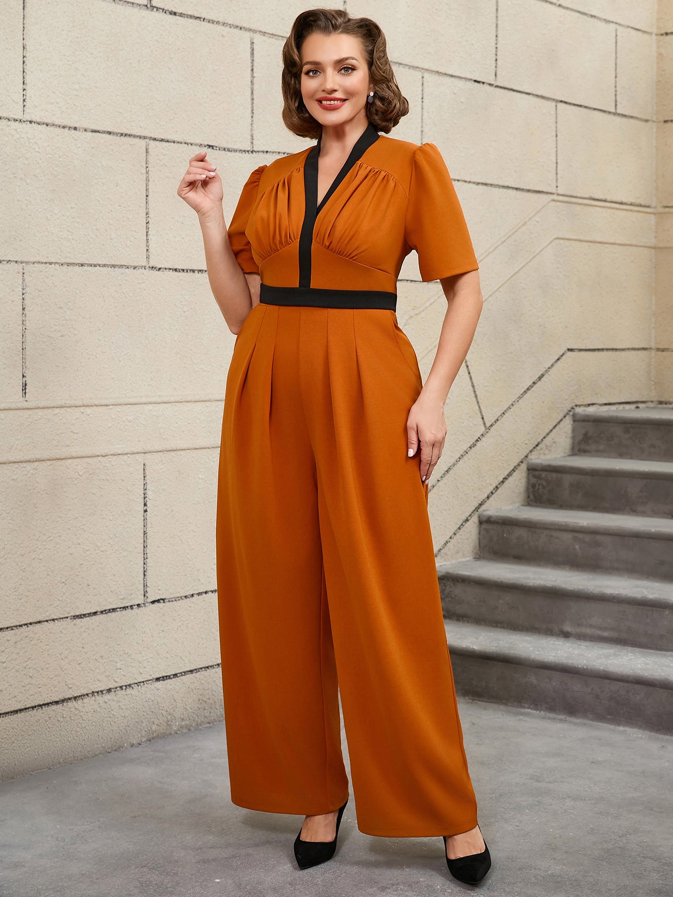 Plus Size V-Neck Pleated Color-Matching Slim Waist Elegant Wide-Leg Jumpsuit 5