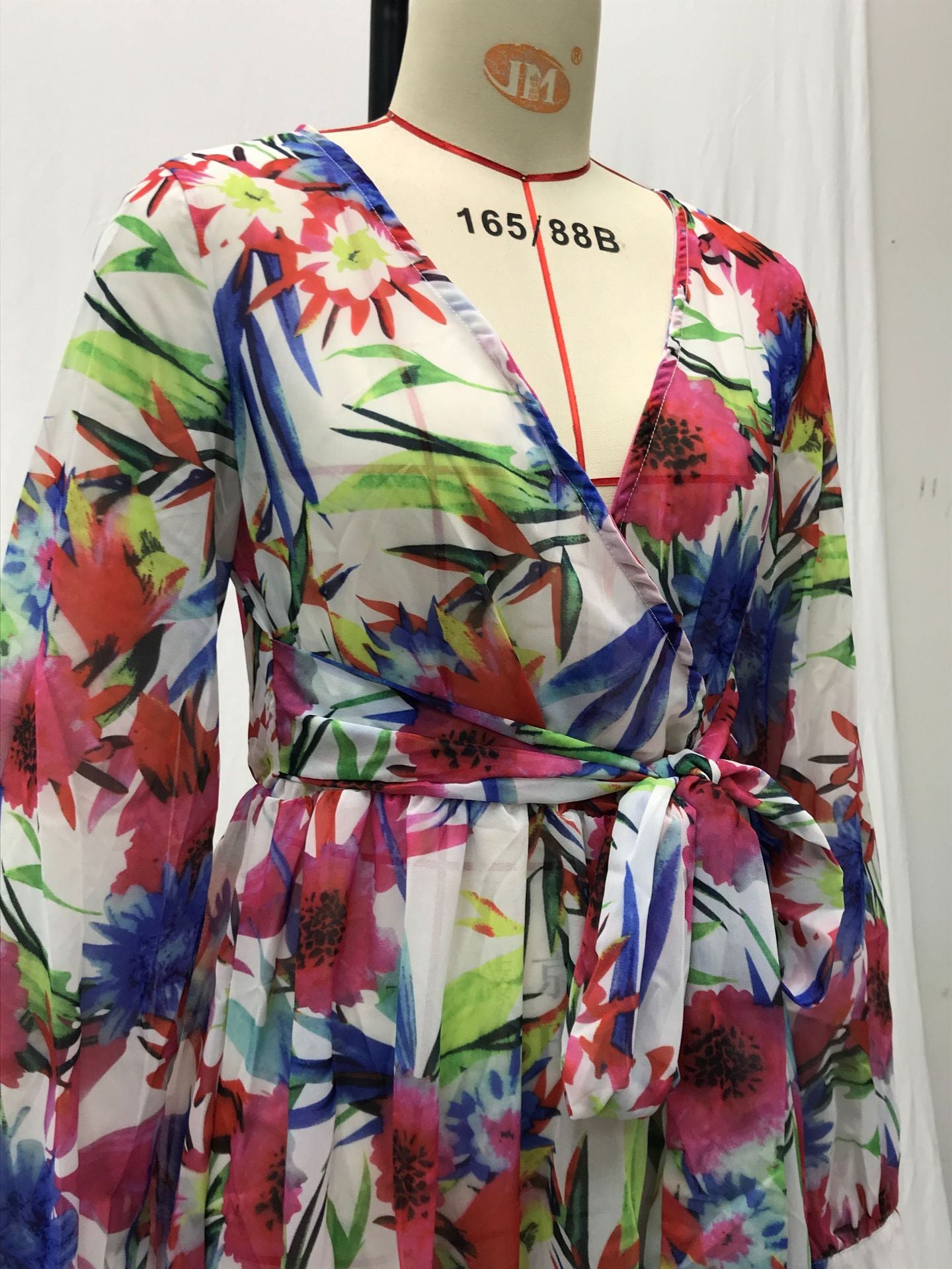 Summer Lantern Sleeve Sexy Deep V Neck Leaf Print Long Dress 24