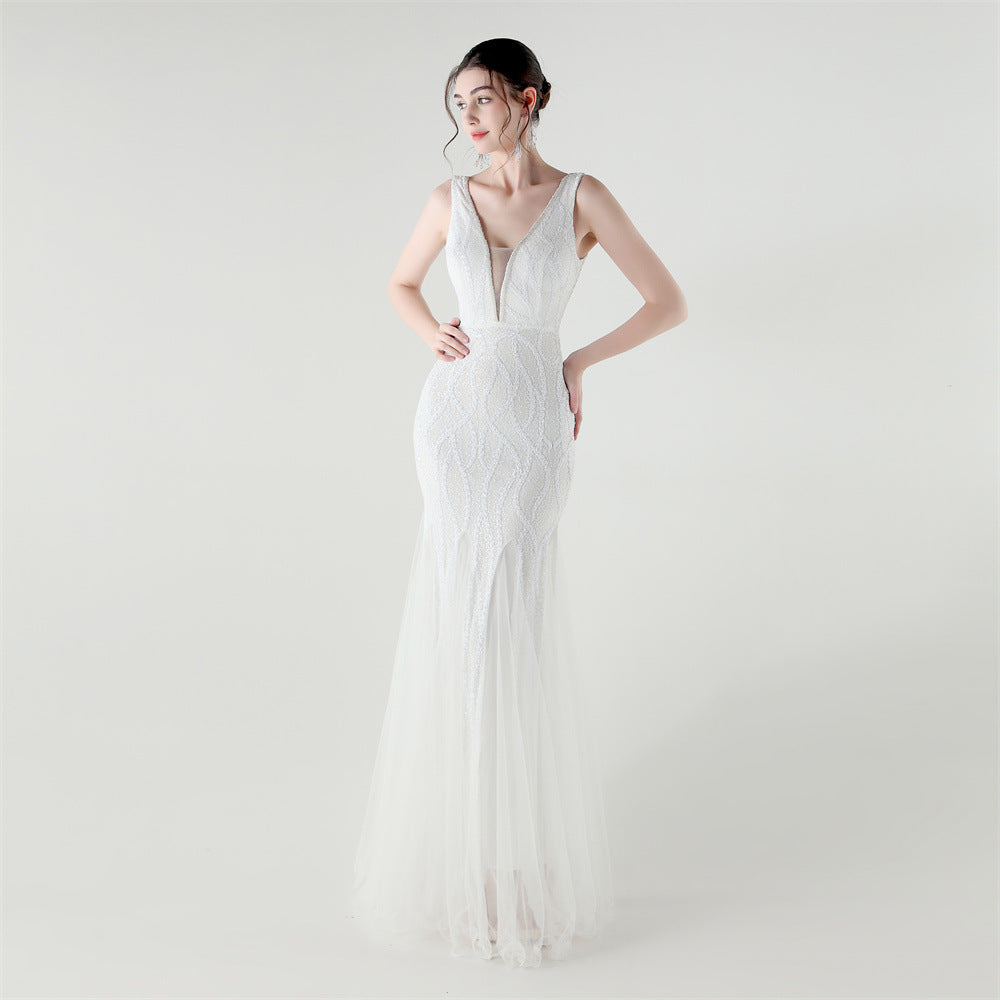 Deep V Fishtail Sequin Mesh Formal Party Evening Dress 23