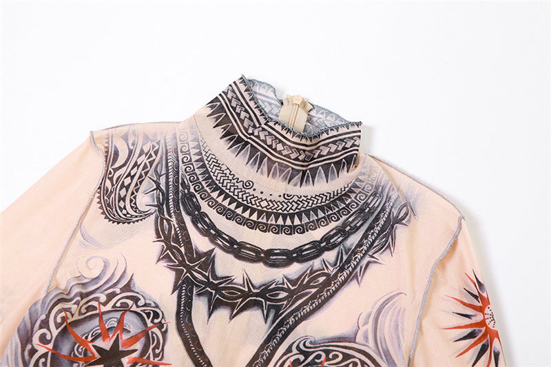 Women mesh printed high-waisted Bell Bottom jumpsuit 12