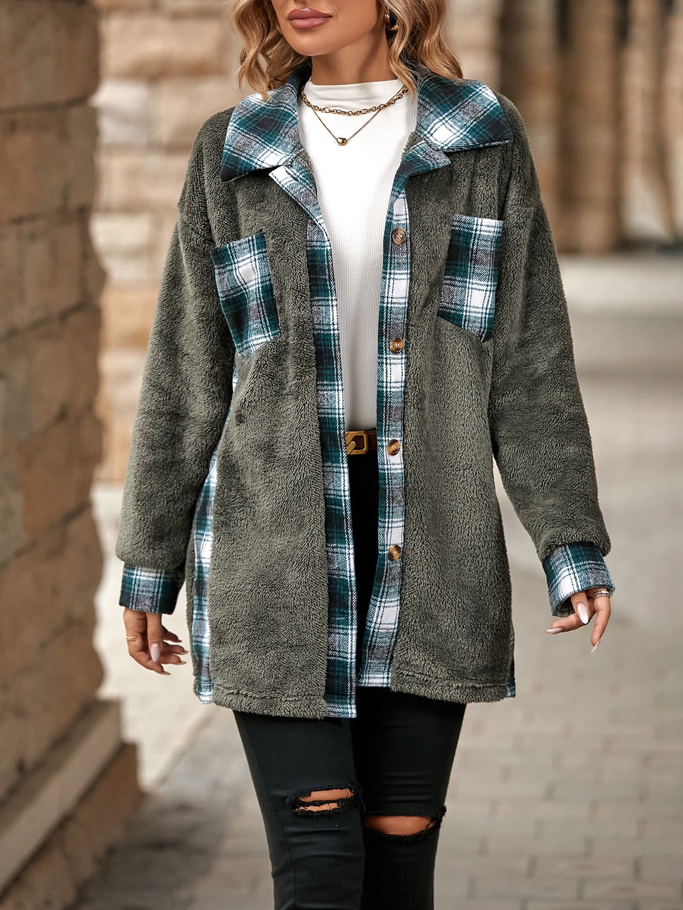 Women's Autumn And Winter Single-Breasted Turndown Collar Plaid Fleece Jacket 5