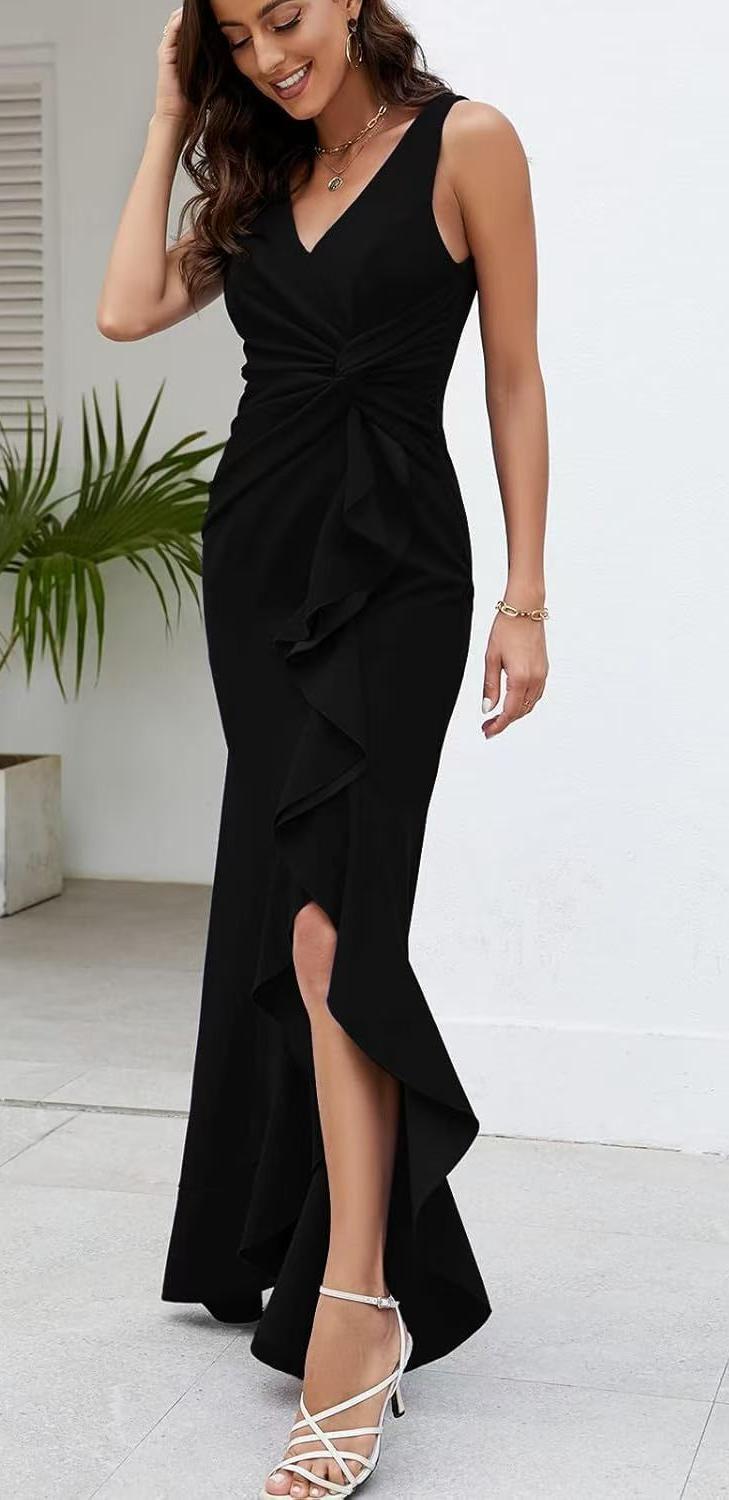 Women V-Neck Sleeveless Elegant Ruffle Slit Maxi Evening Dress 4