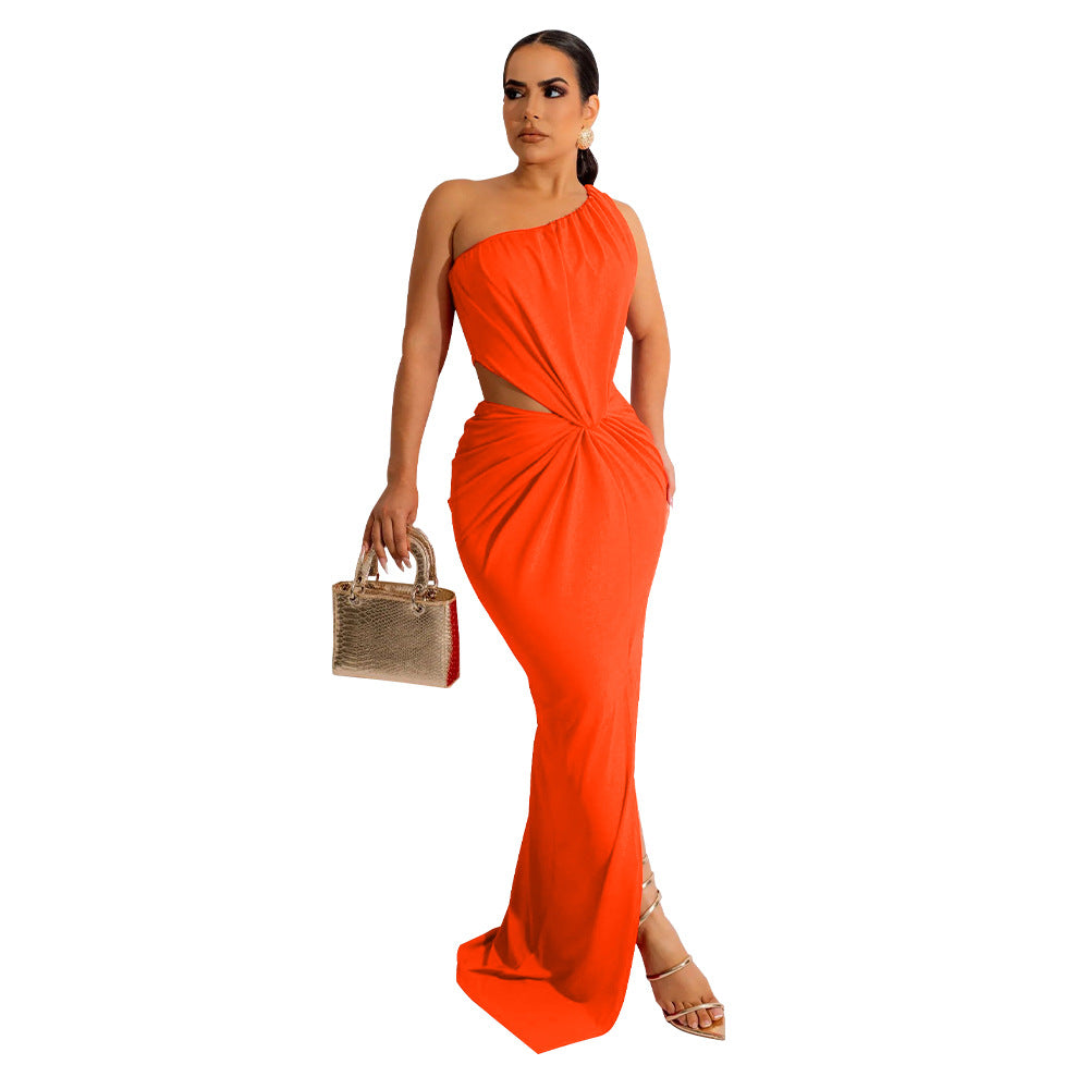 Women'S Sexy Open Waist Slash Shoulder Solid Sleeveless Pleated Maxi Dress 7