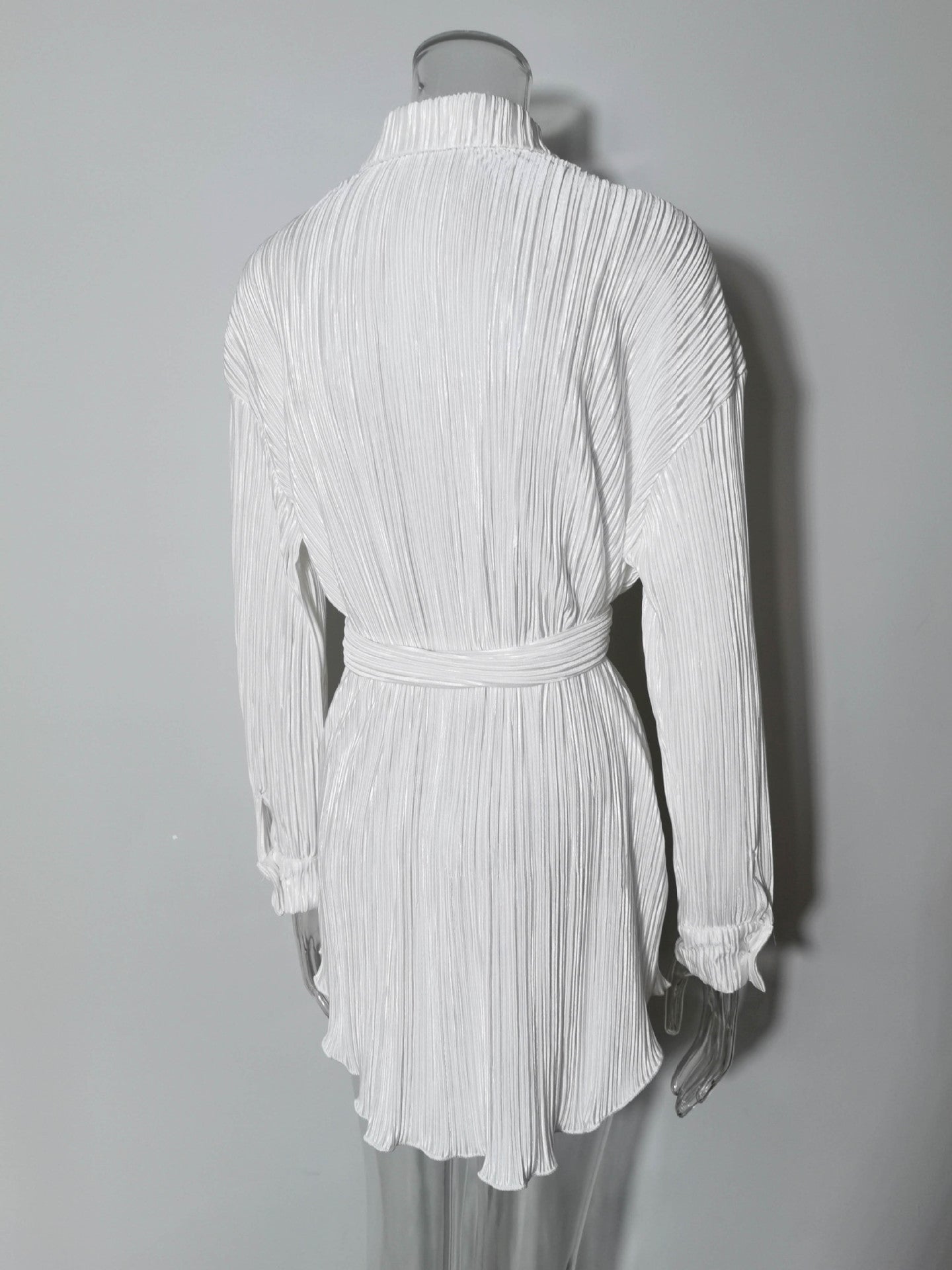 Women Pleated Long Sleeve Belted Shirt Dress 24