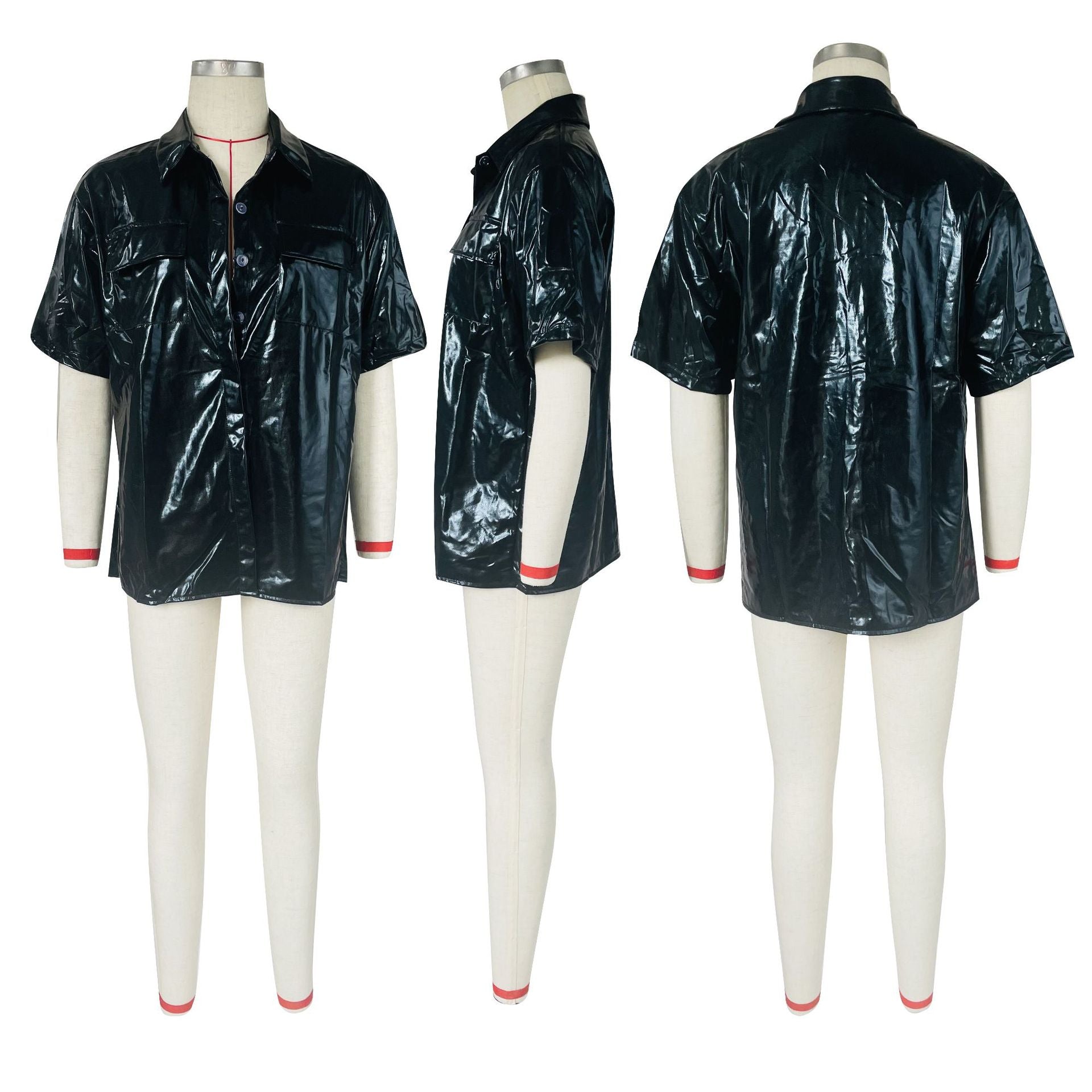 Women's Fashion Casual Shiny Faux Leather High Stretch Shirt Top 13