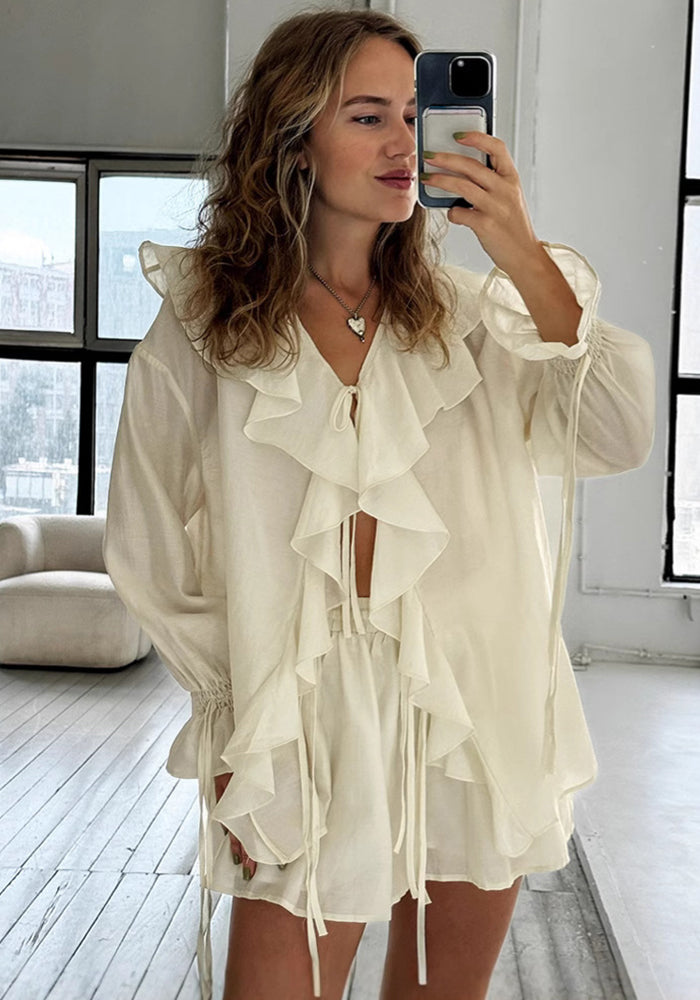 Women Spring Summer Ruffle Lace-Up Casual Top and Pocket Shorts Two-Piece Set