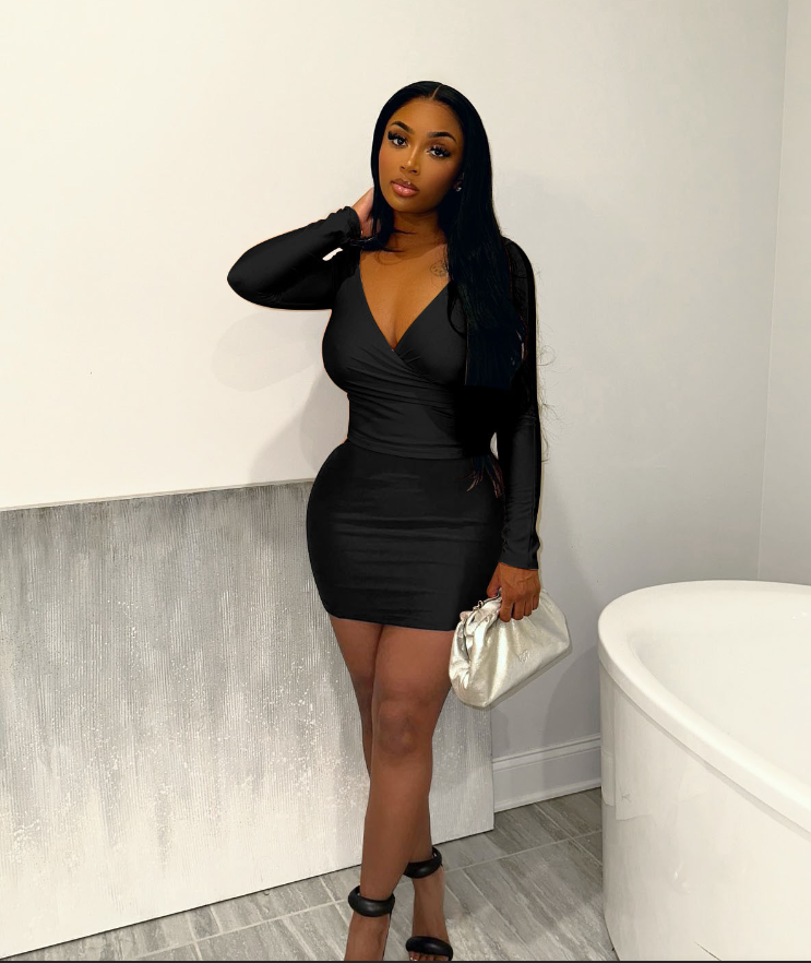 Women Summer Sexy Off-Shoulder V-Neck Long Sleeve Casual Skirt Two-piece Set